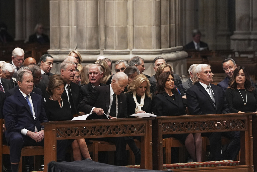 A handful of former presidents and vice presidents sit side by side at the funeral of Dick Cheney