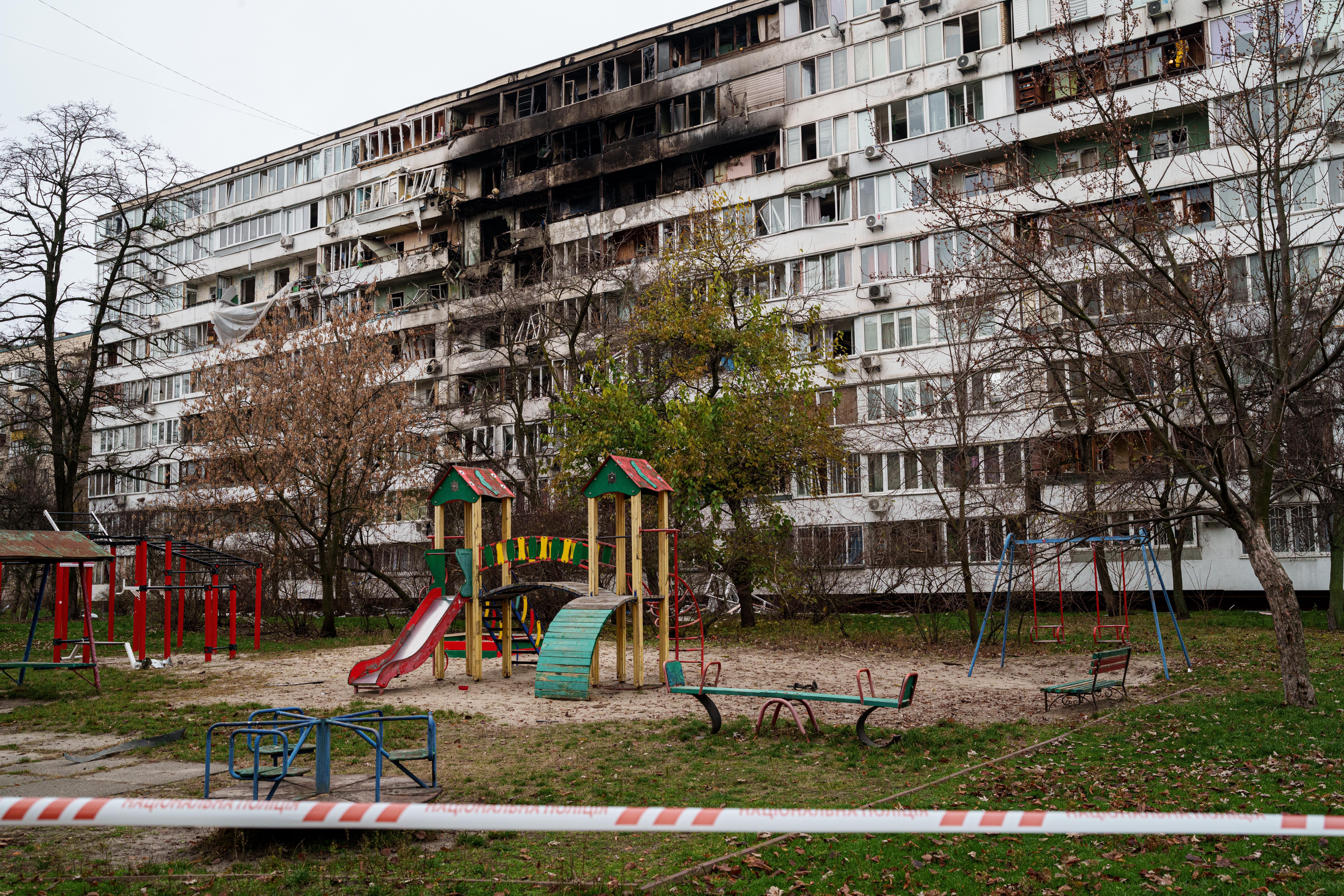 A residential building is seen heavily damaged after a Russian strike on Kyiv, Ukraine