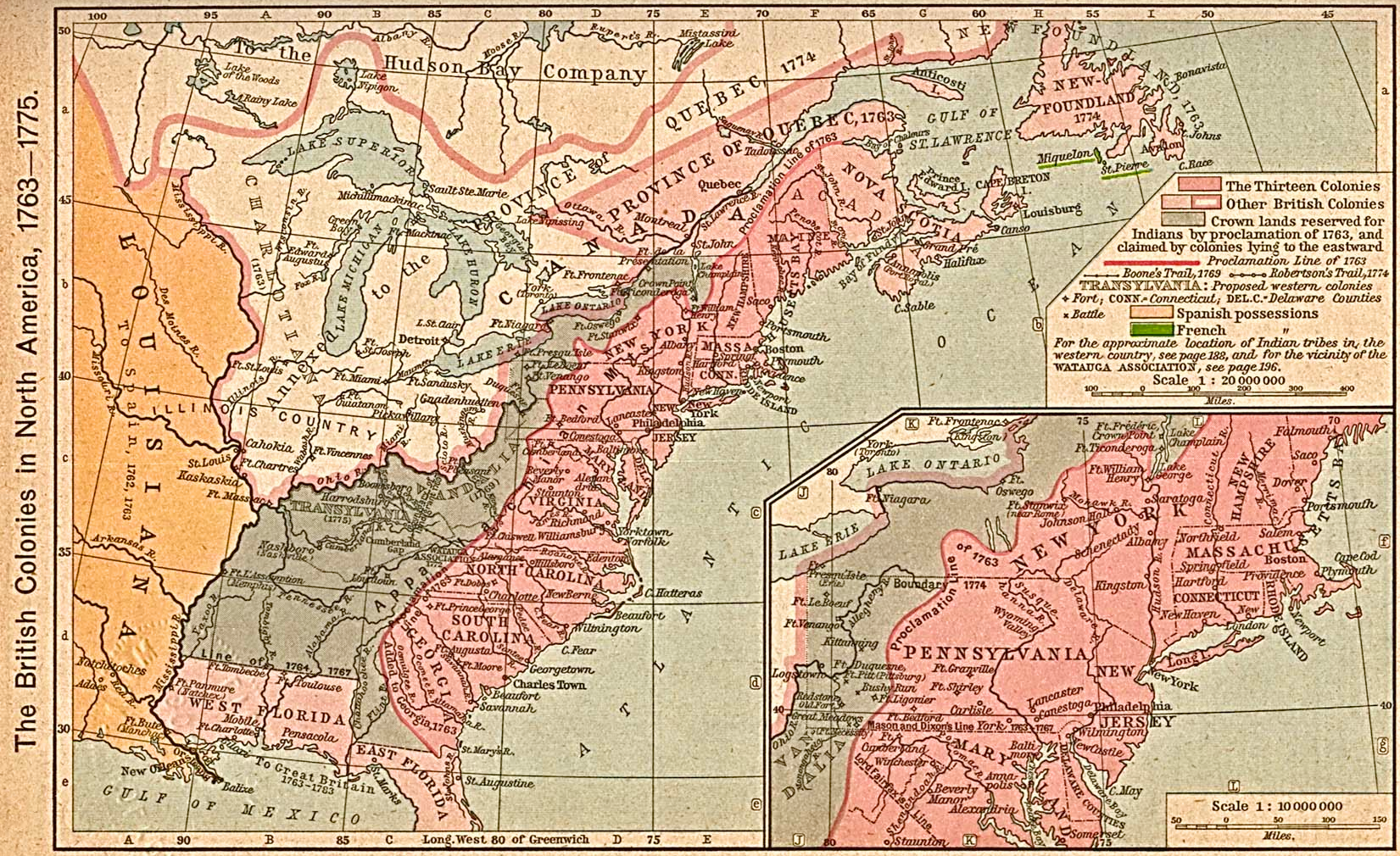 The British colonies in North America from 1763 to 1775, at the outbreak of the American Revolutionary War, including the locations of Indian Reserve (highlighted in grey) and the proposed colonies of Charlotiana, Transylvania, and Vandalia