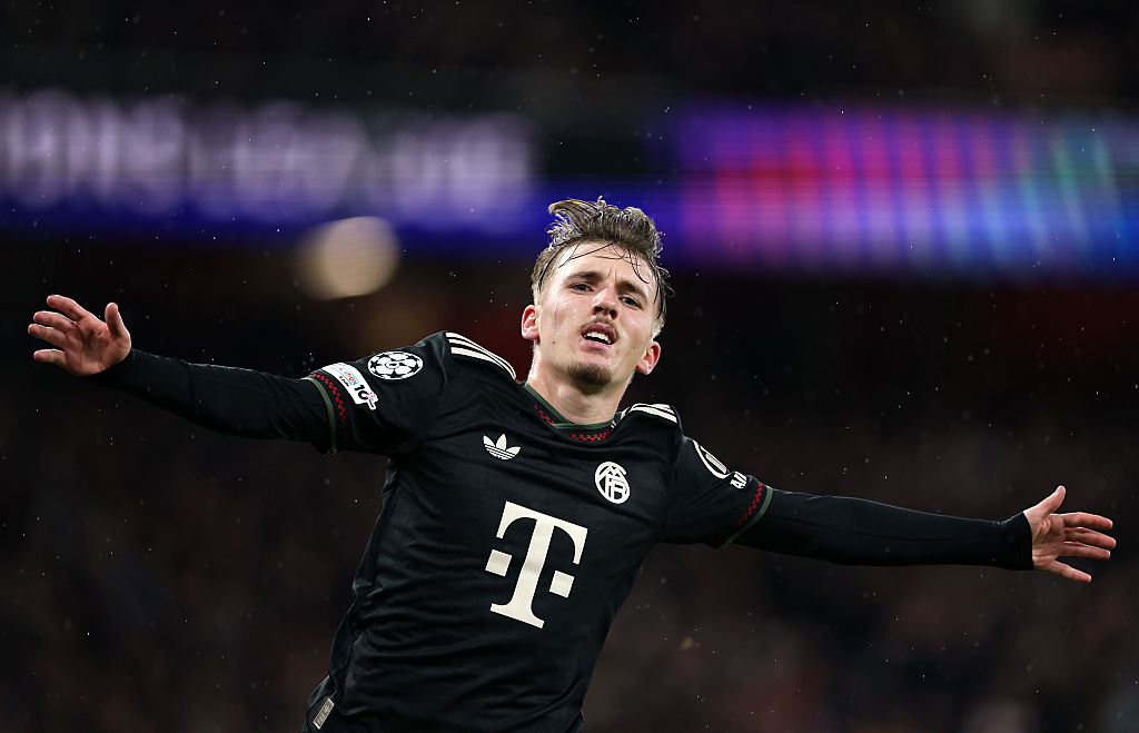 Lennart Karl of Bayern Munich celebrates scoring his team's first goal during the UEFA Champions League 2025/26 League Phase MD5 match