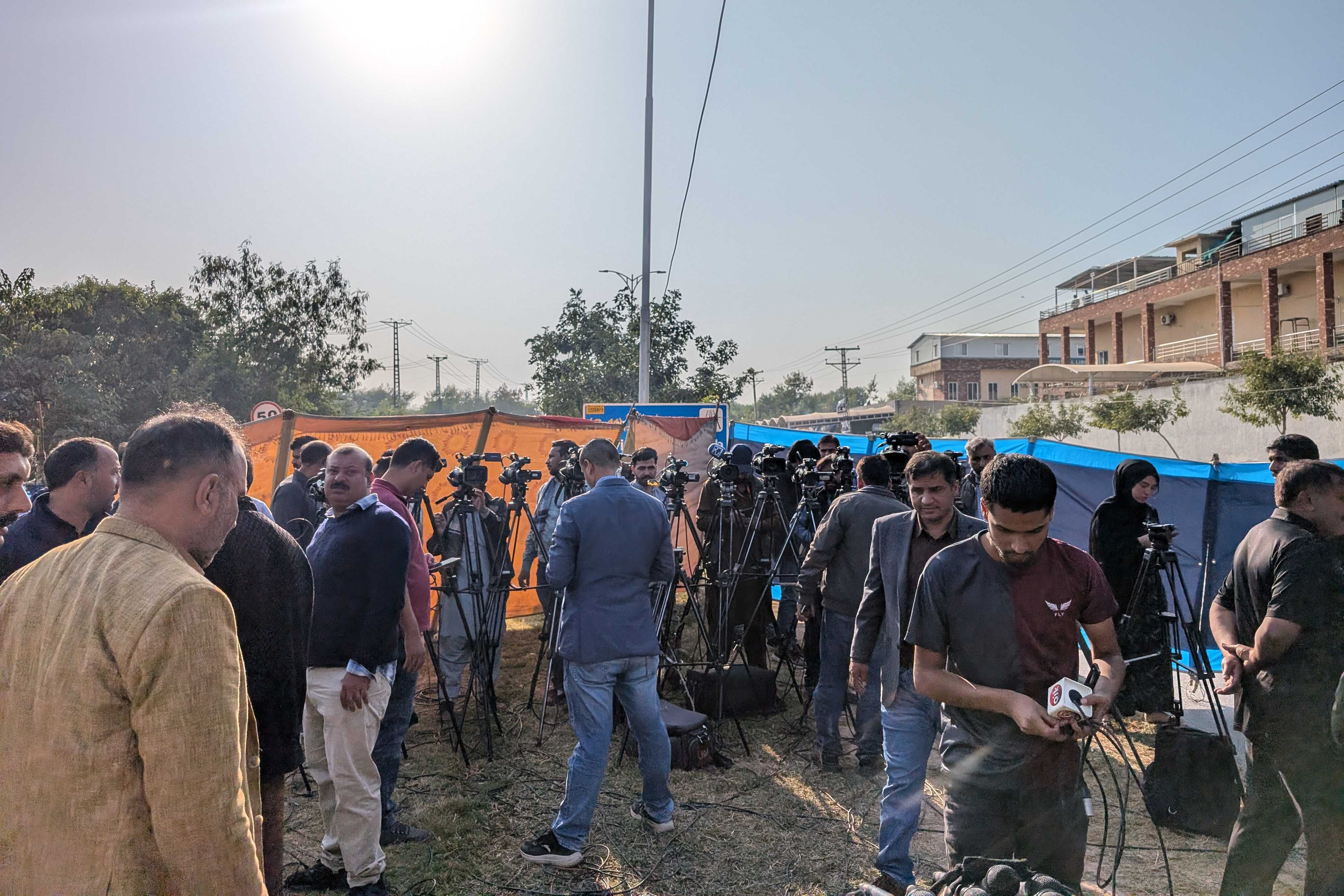 Media gathered outside the court in large numbers. Authorities have put in place barbed wires and dividers to stop access to the place where suicide bomber blew himself up.