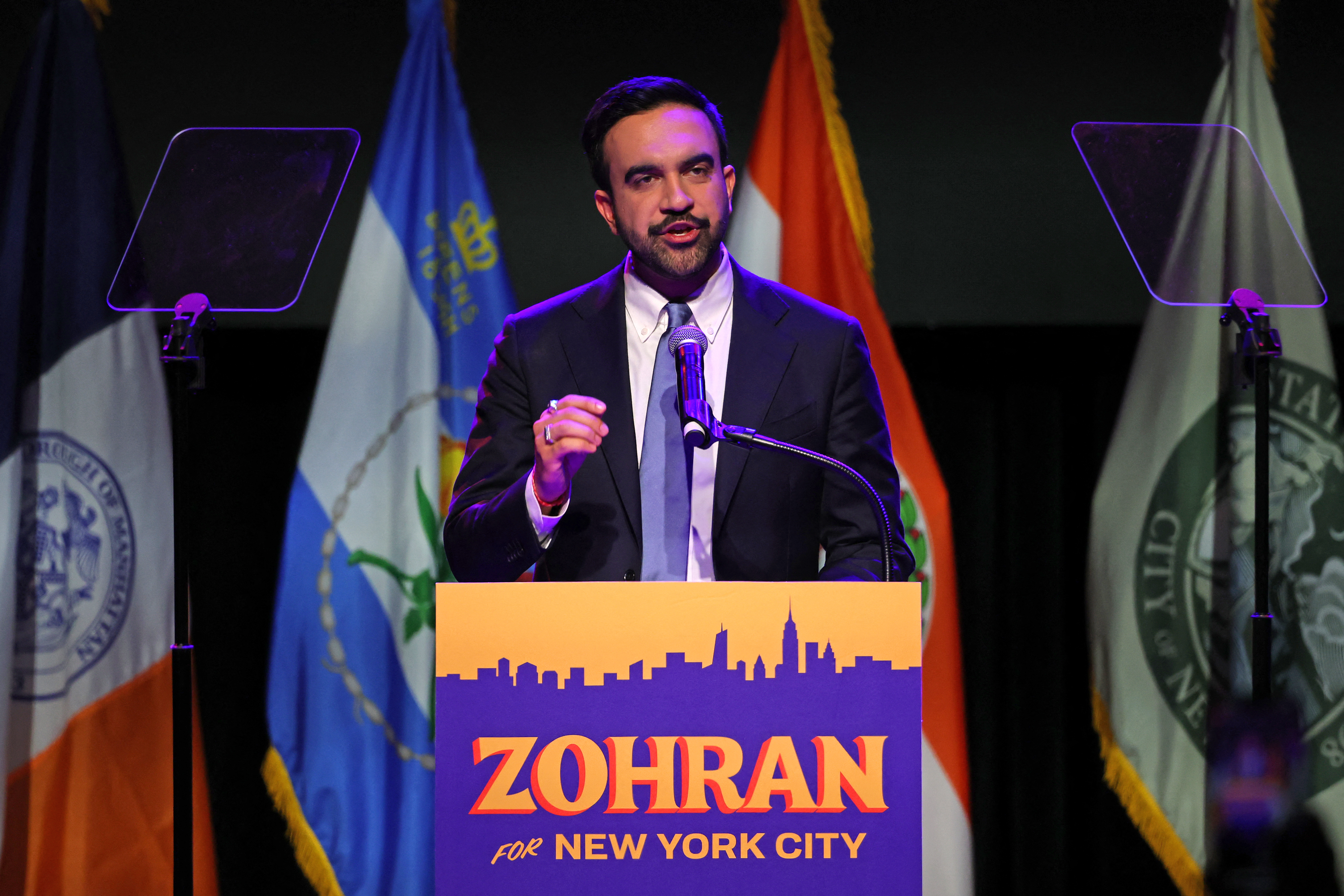 New York City Mayoral candidate Zohran Mamdani speaks during an election night event at the Brooklyn Paramount Theater in Brooklyn, New York on November 4, 2025.