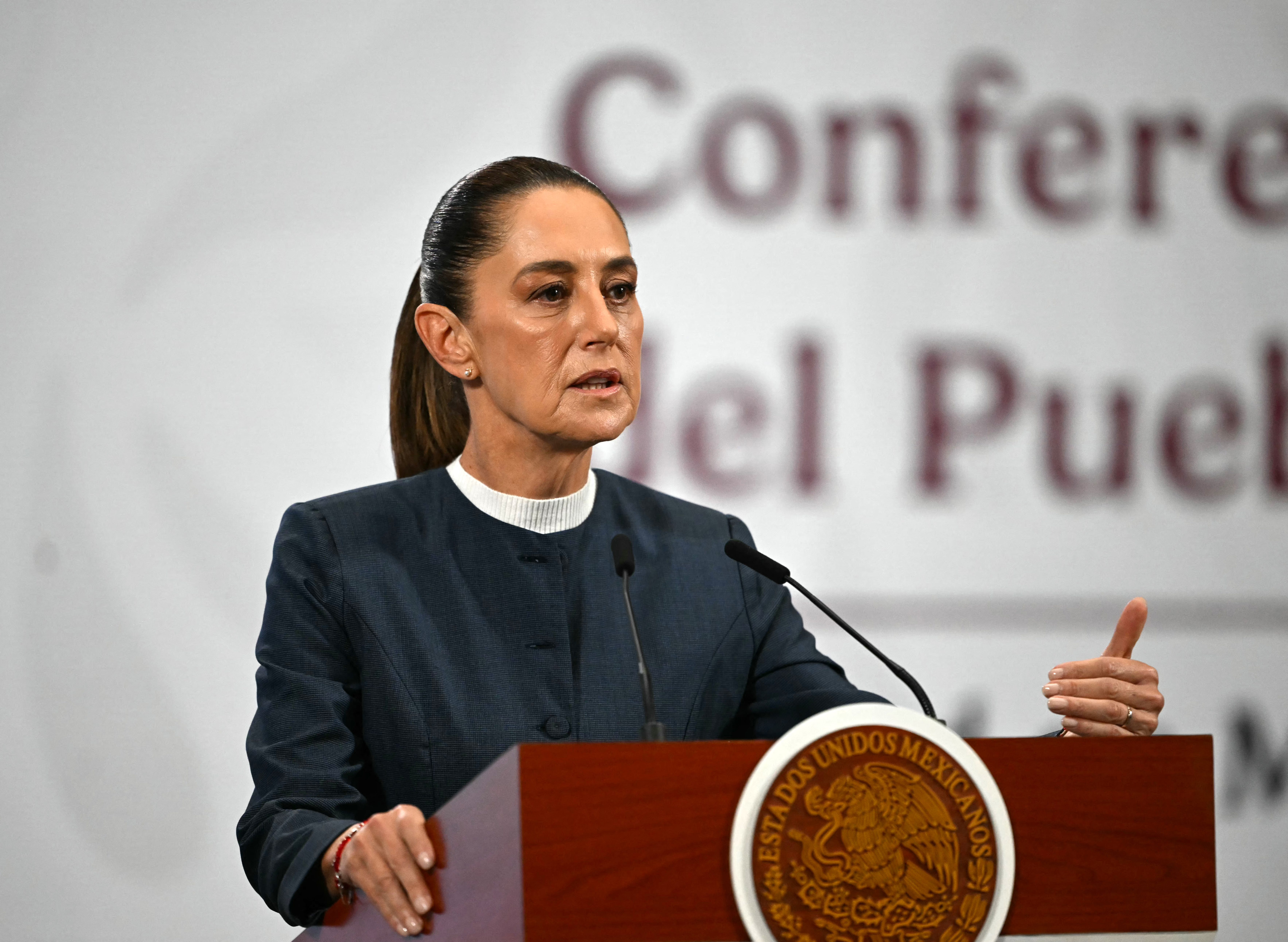 Mexico's President Claudia Sheinbaum speaks during a daily press conference in Mexico City on November 3, 2025 [Carl de Souza/AFP]