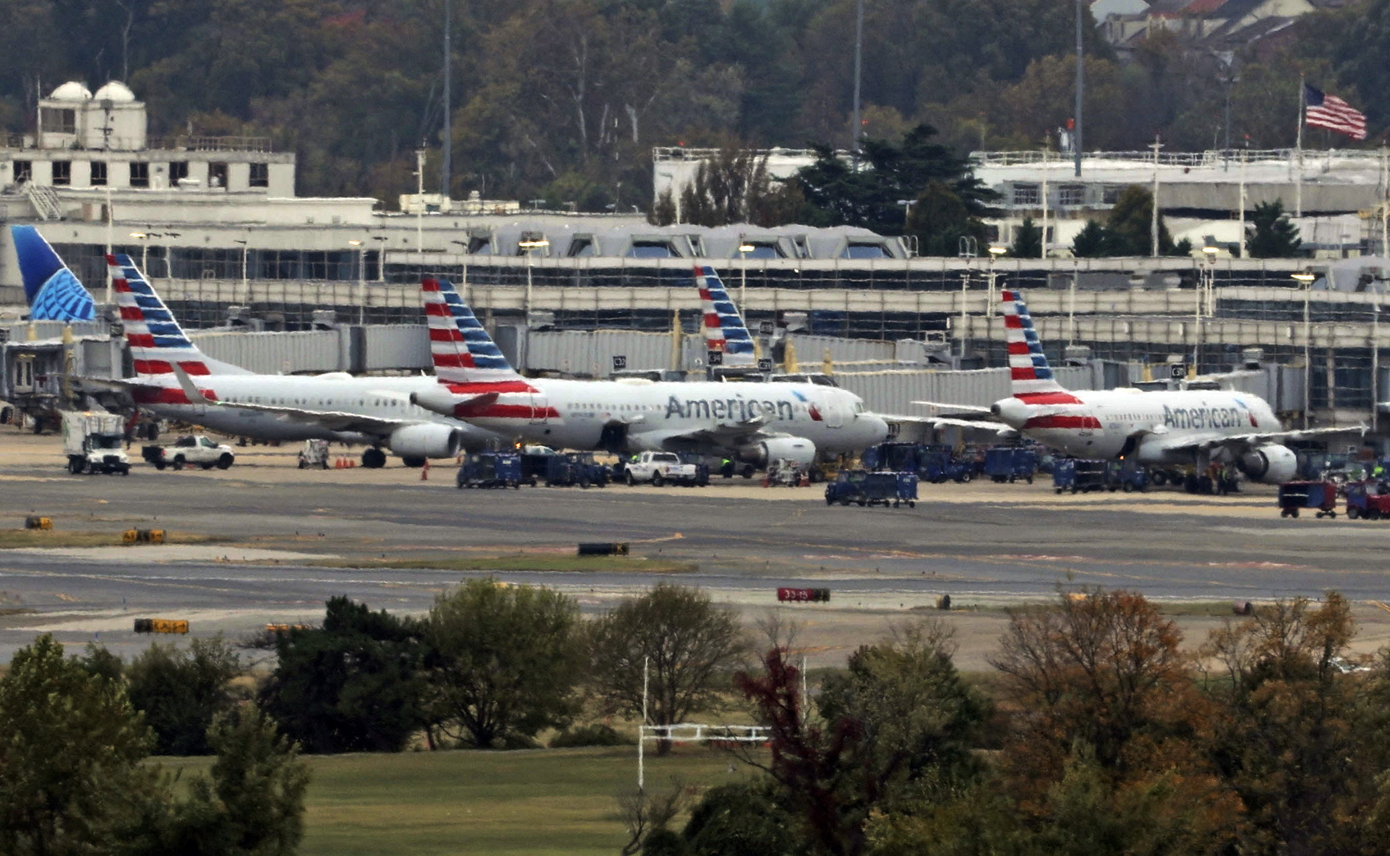 Aircraft parked at Ronald Reagan airport on October 28, 2025 as seen from Washington, DC