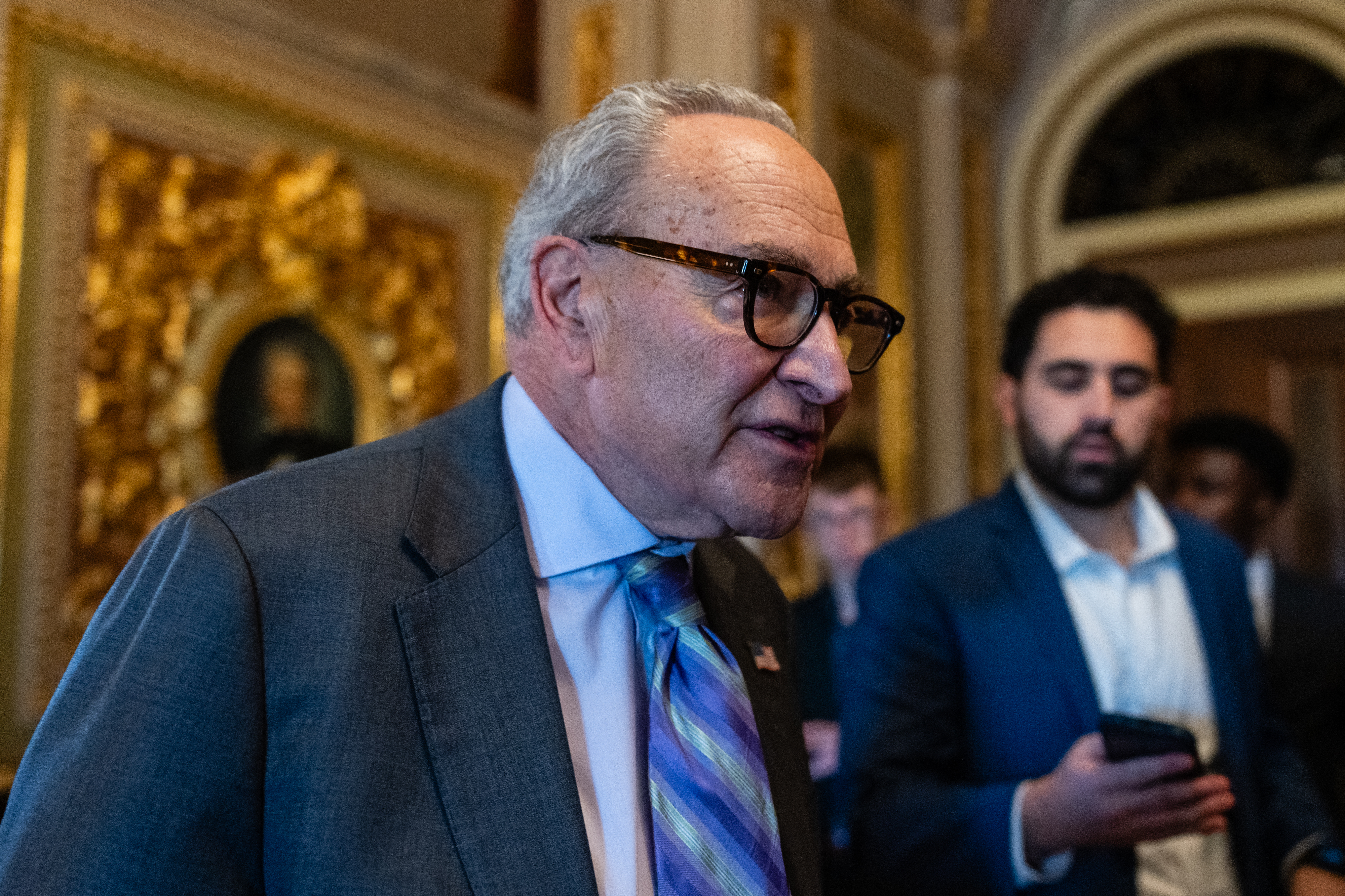 WASHINGTON, DC - NOVEMBER 6: Senate Minority Leader Chuck Schumer (D-NY) departs a Democratic luncheon at the U.S. Capitol on November 6, 2025 in Washington, DC. Lawmakers continue to negotiate as the government shutdown reaches its 37th day, the longest in U.S. history. Eric Lee/Getty Images/AFP (Photo by Eric Lee / GETTY IMAGES NORTH AMERICA / Getty Images via AFP)