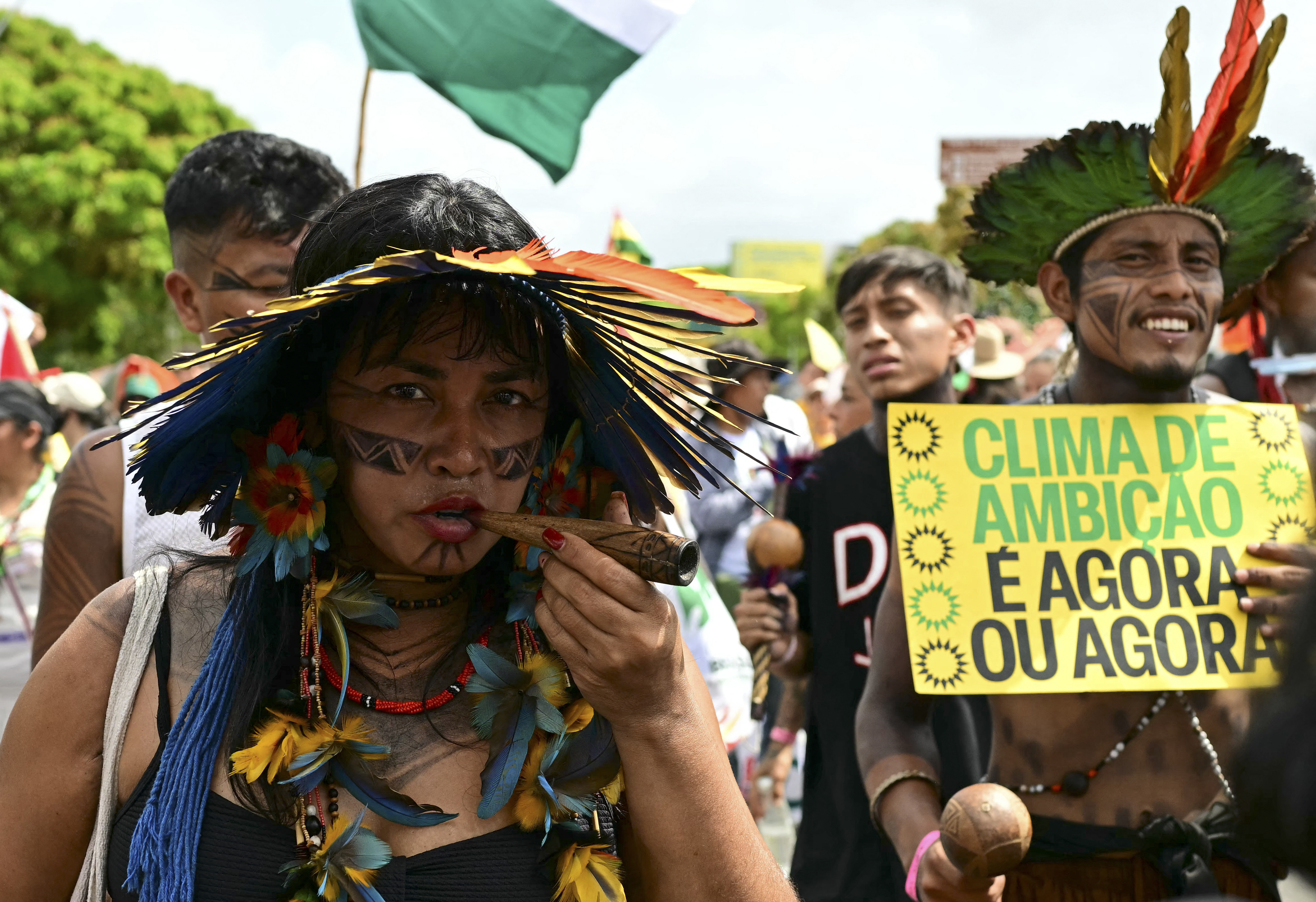 Indigenous people take part in the so-called "Great People's March" in the sidelines of the COP30 UN Climate Change Conference in Belem, Para State, Brazil on November 15, 2025.