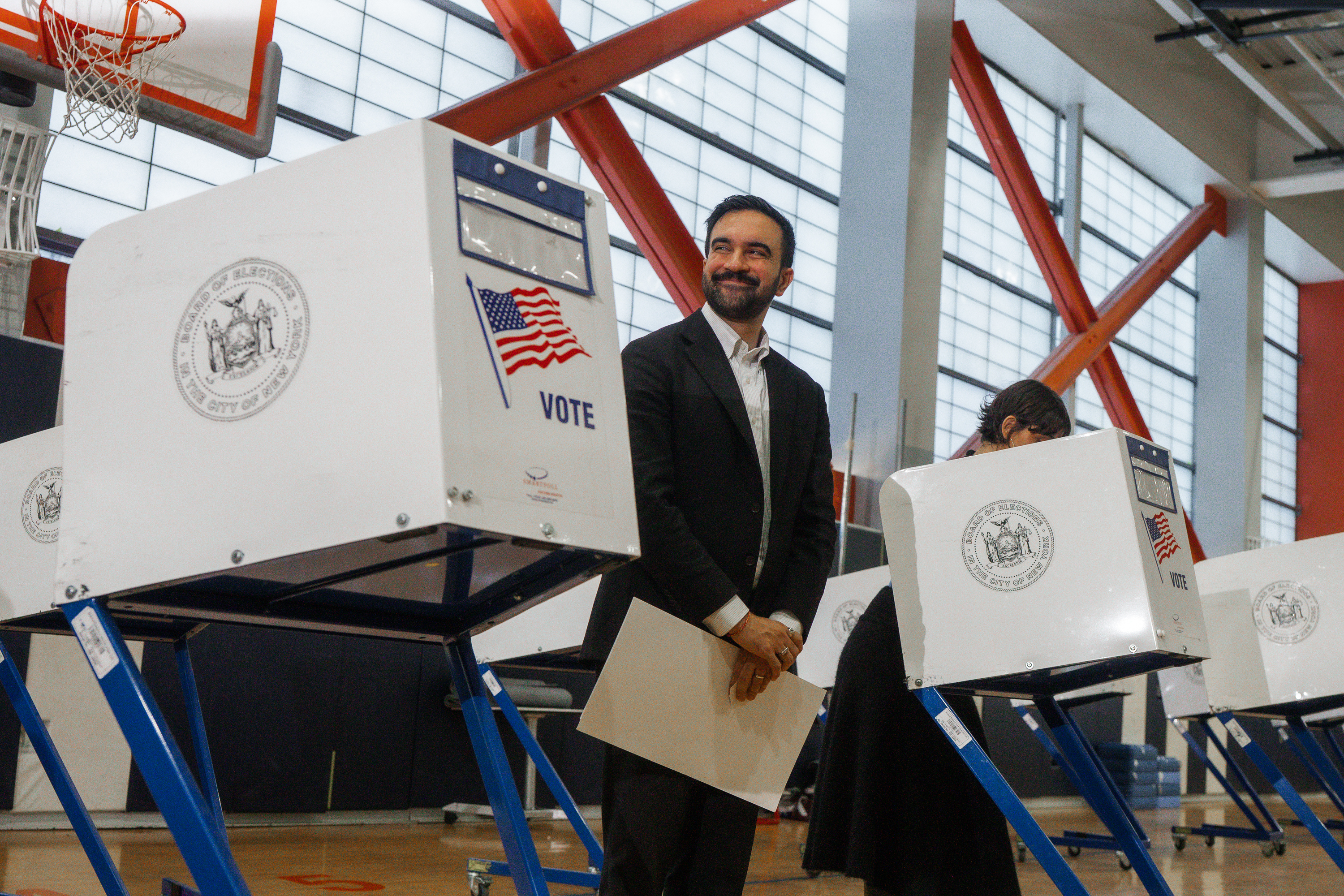 New York mayoral candidate Zohran Mamdani votes at a voting site on Tuesday, Nov. 4, 2025, in New York. (AP Photo/Olga Fedorova)