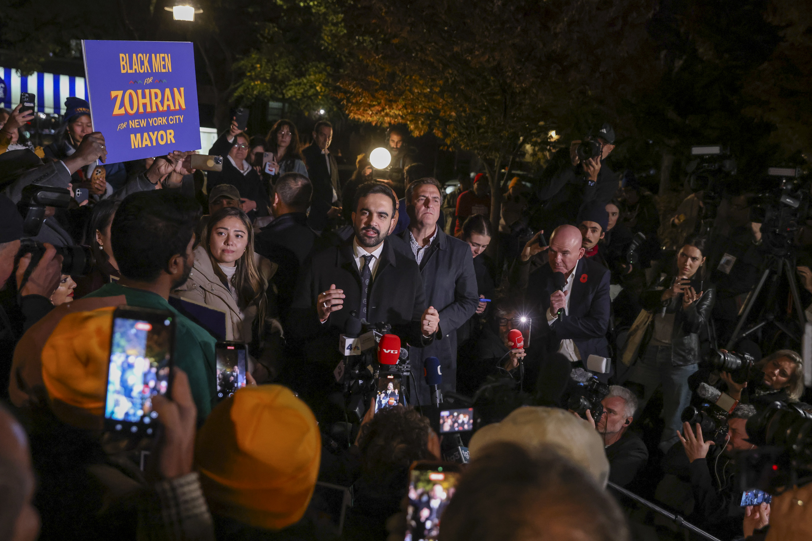 Democratic nominee for New York City mayor Zohran Mamdani speaks to the press