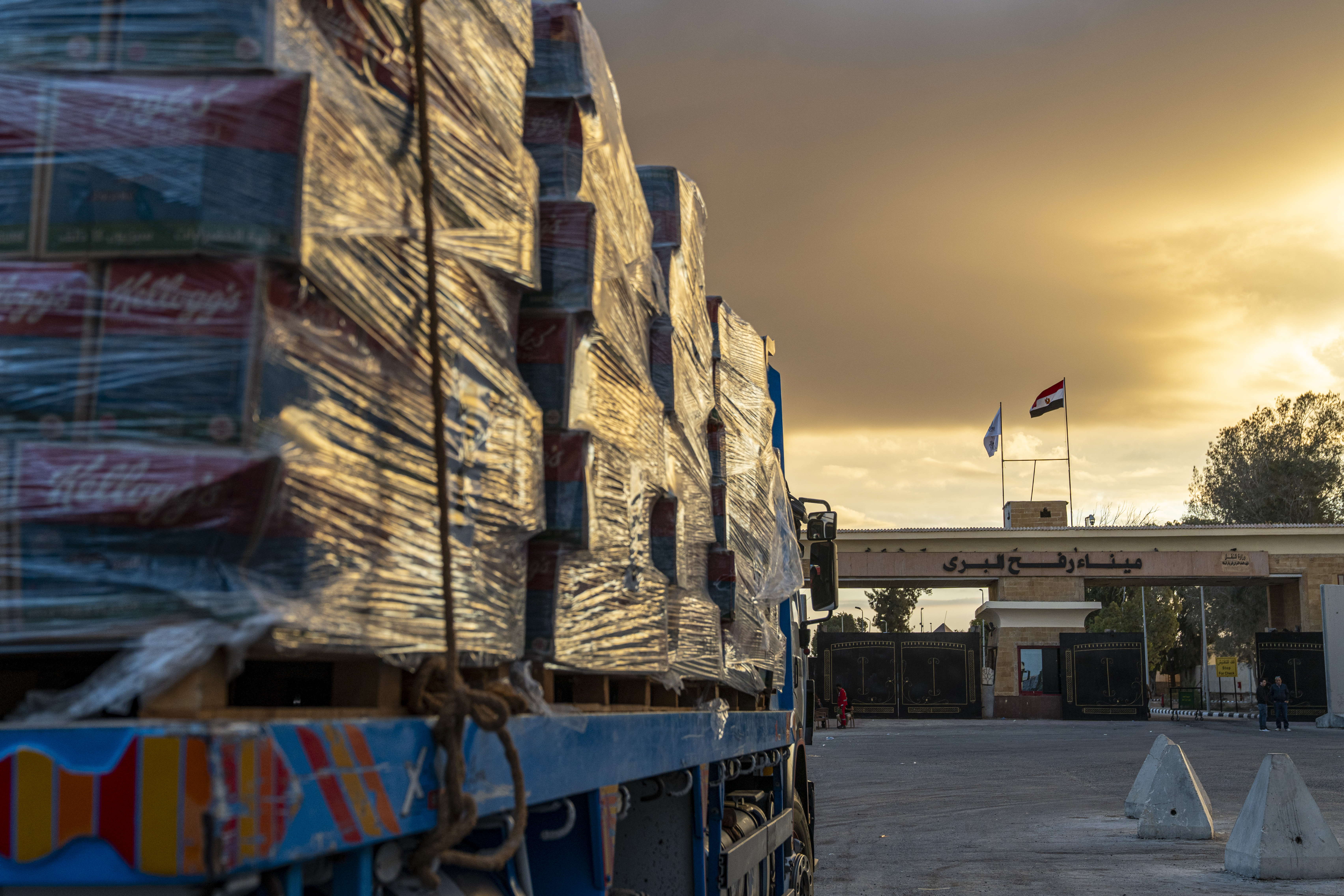 A truck carrying aid enters Gaza through the border crossing in Rafah, Egypt