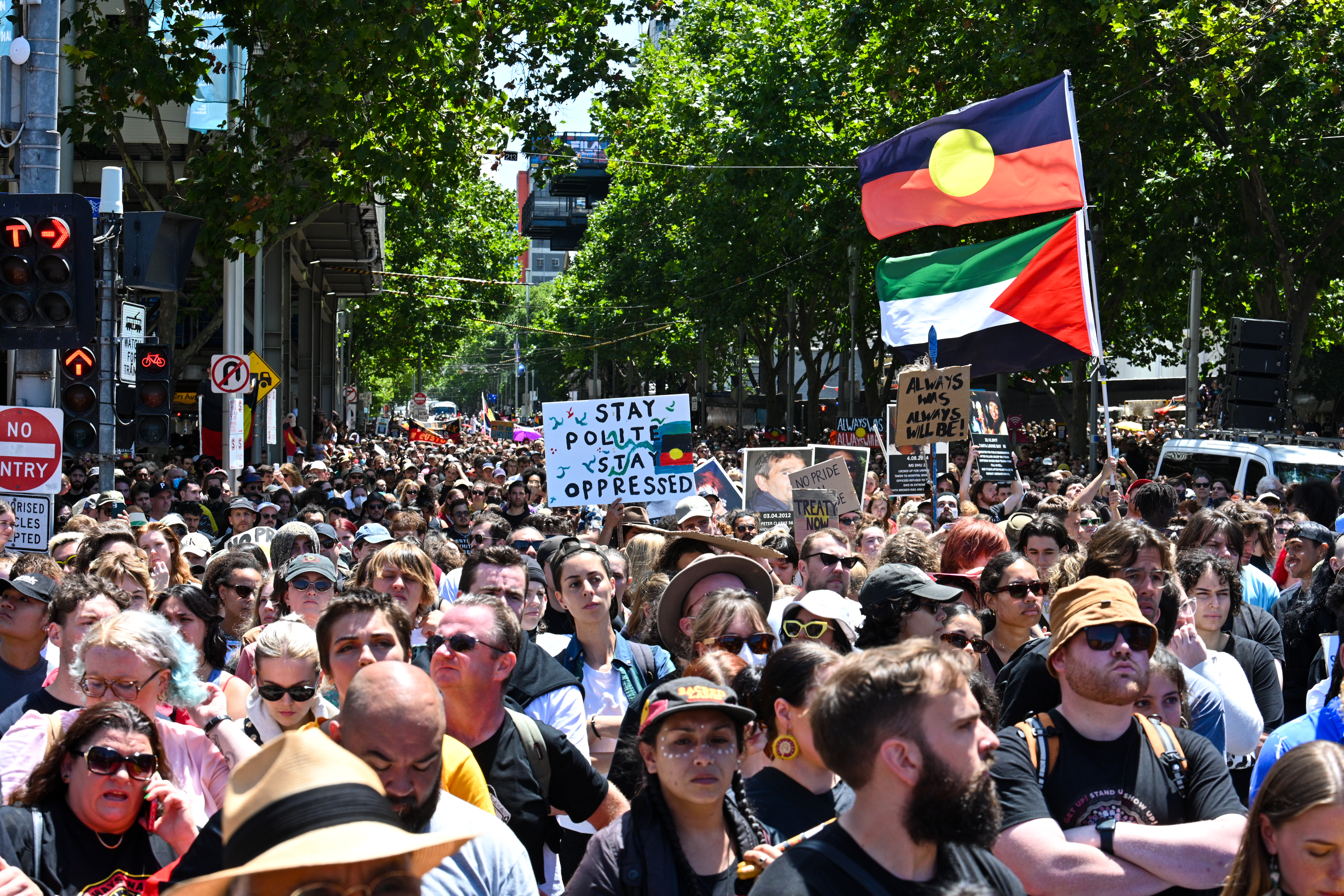 Protesters marching with flags.