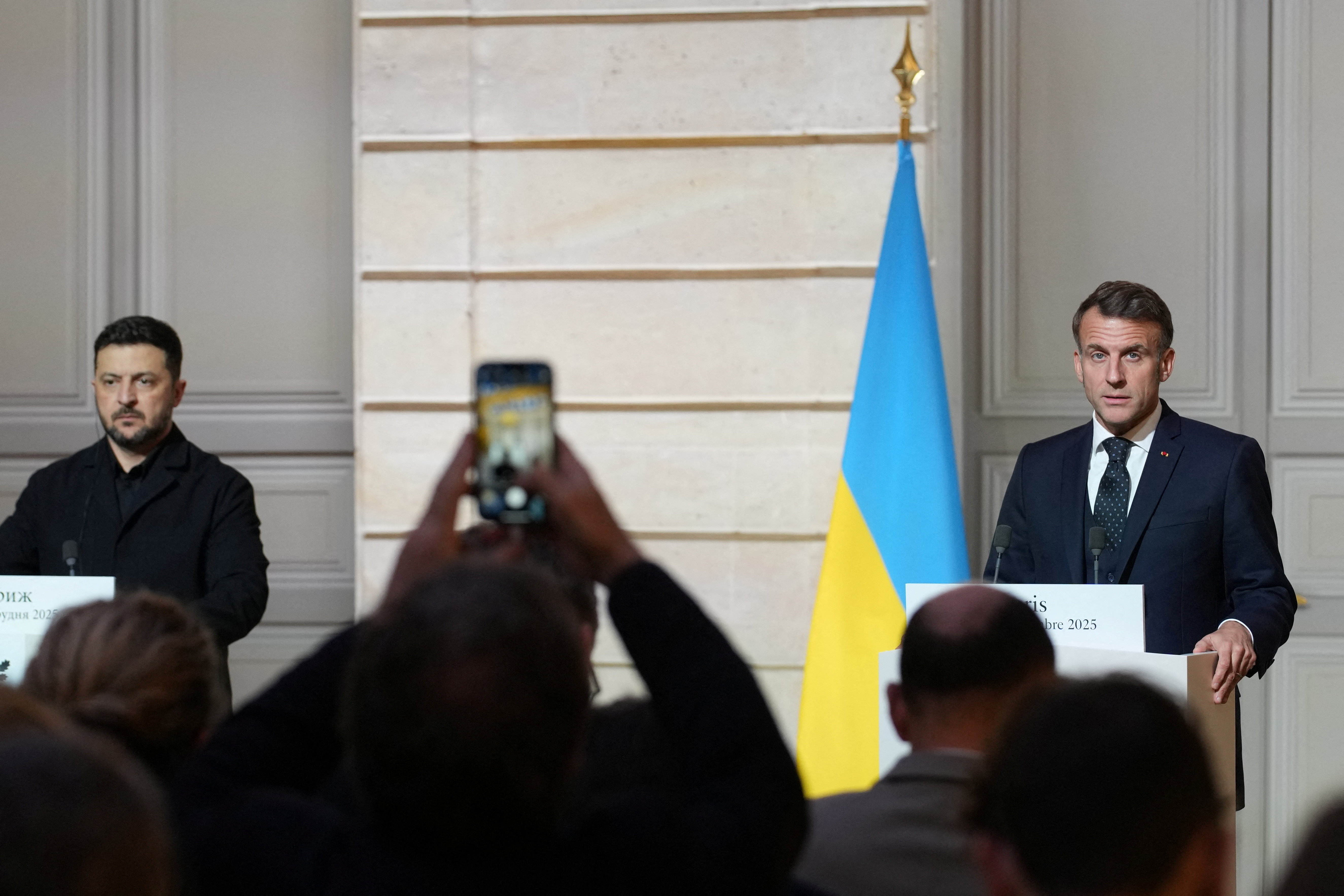 French President Emmanuel Macron and Ukrainian President Volodymyr Zelenskyy hold a joint news conference at Elysee Palace in Paris