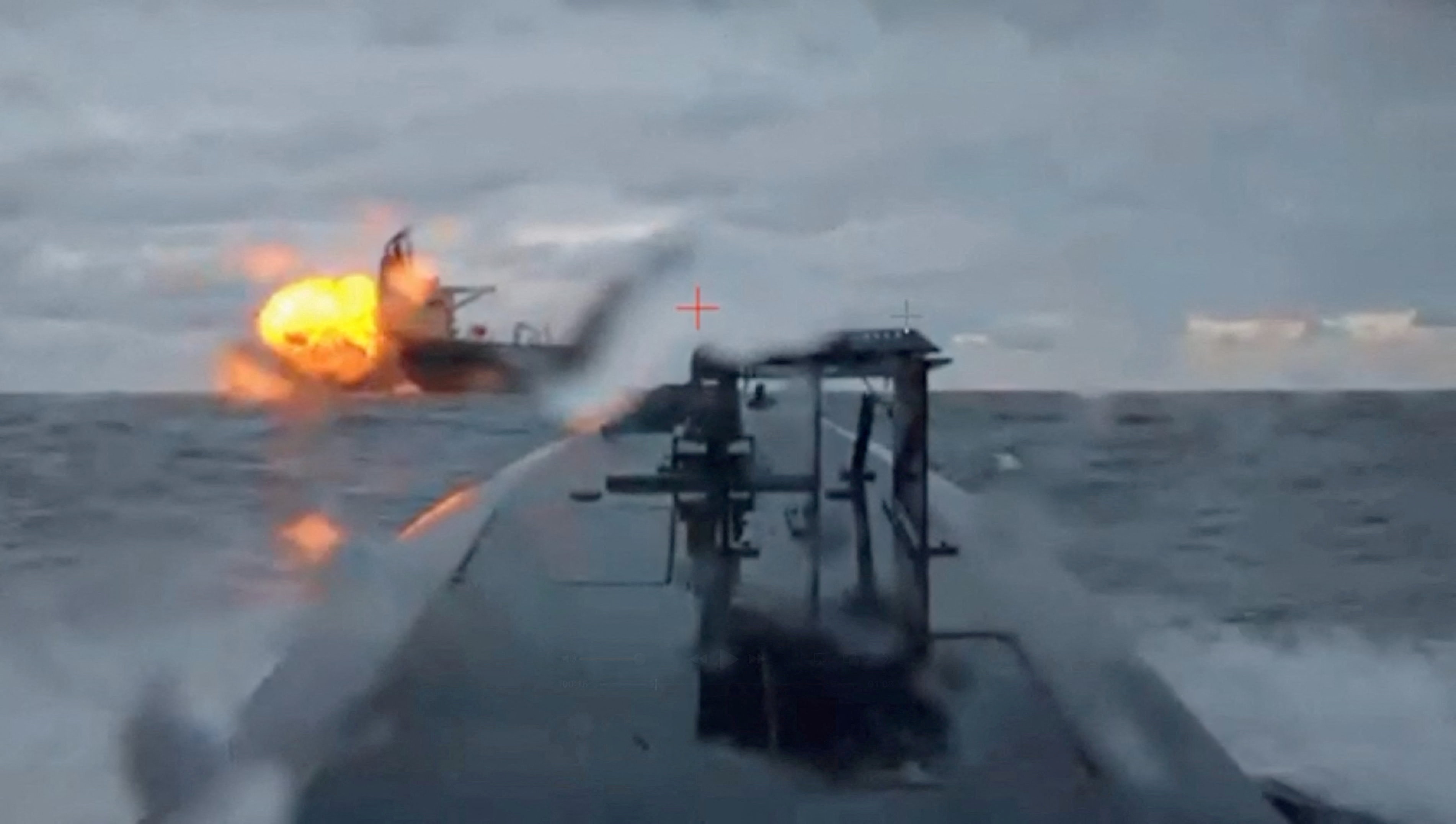 A Ukrainian sea drone shows the Dashan, a tanker part of Russia's so-called "shadow fleet", being struck by another sea drone in the Black Sea, December 10, 2025, in this picture obtained from a video. Shared by Security Service Official/Handout via REUTERS THIS IMAGE HAS BEEN SUPPLIED BY A THIRD PARTY. Verification note: Reuters was able to verify the video showed the Dashan tanker by comparing the deck, cranes and structures with file imagery. The location and date were confirmed by the SBU source's account and ship tracking data.