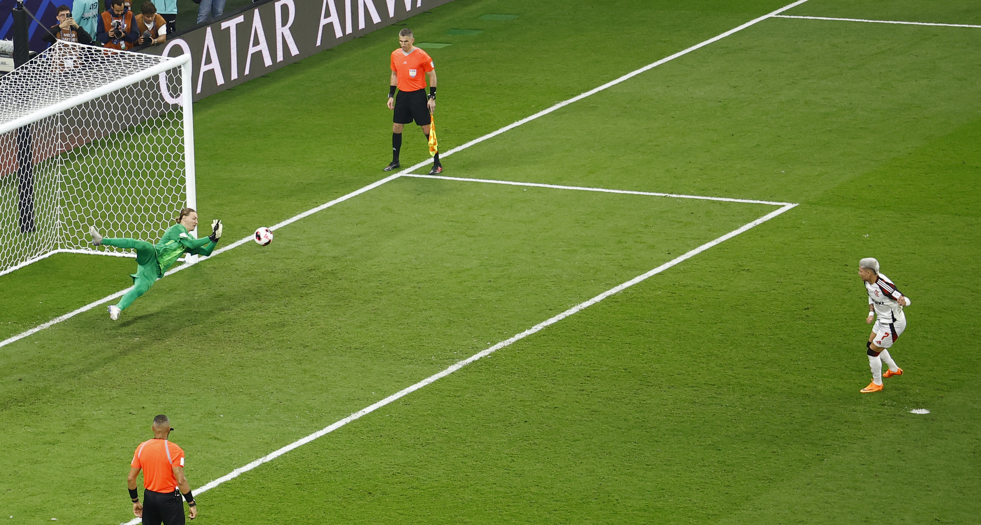 Flamengo's Luiz Araujo has his penalty saved by Paris Saint-Germain's Matvey Safonov during a penalty shootout