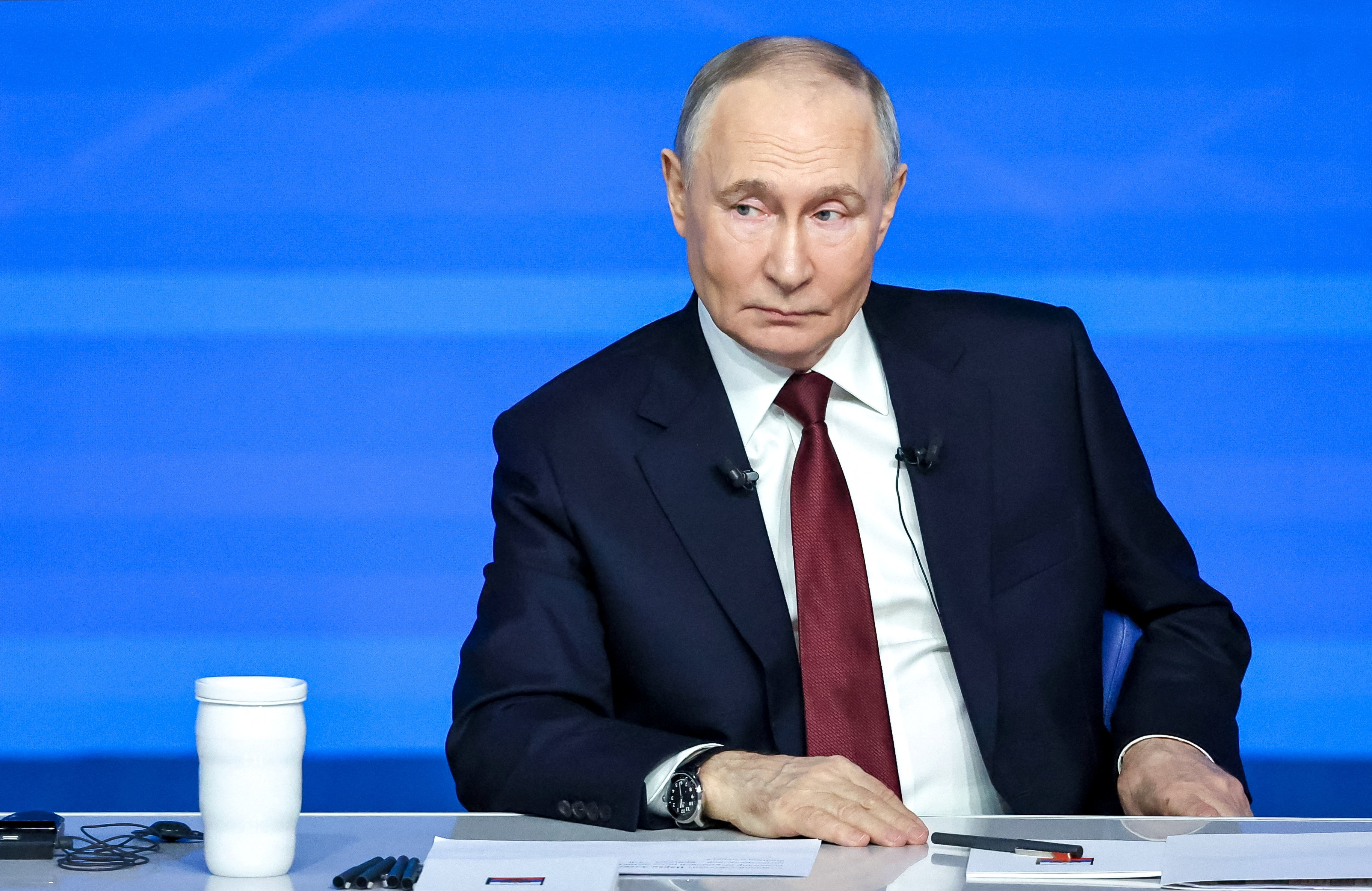 Russian President Vladimir Putin attends his annual end-of-year press conference and phone-in in Moscow, Russia December 19, 2025. Sputnik/Alexander Kazakov/Pool via REUTERS ATTENTION EDITORS - THIS IMAGE WAS PROVIDED BY A THIRD PARTY.