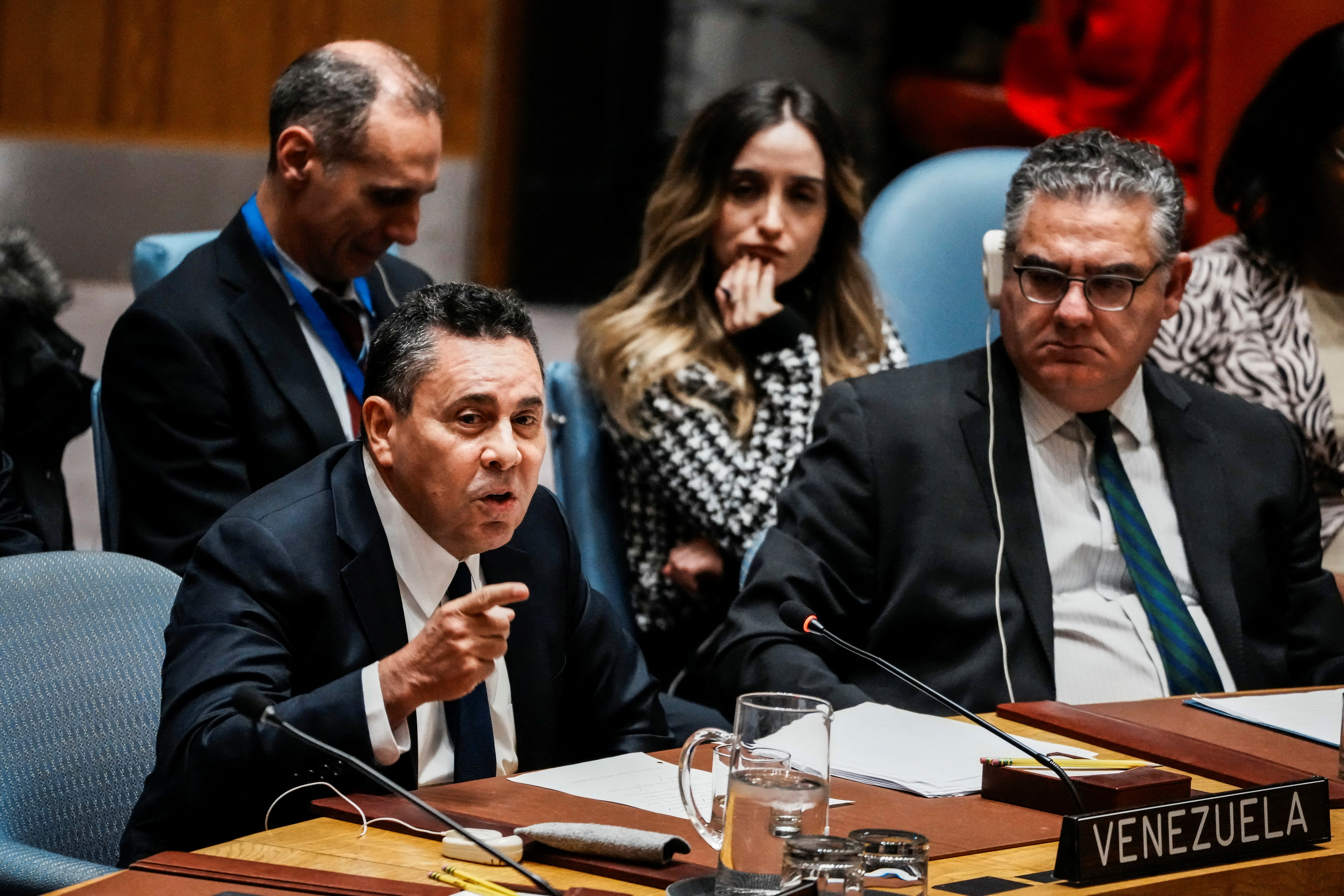 Samuel Reinaldo Moncada Acosta, Permanent Representative of Venezuela to the United Nations, addresses a Security Council meeting to discuss 'ongoing U.S. aggression' against the country, at U.N. headquarters in New York City, U.S., December 23, 2025. REUTERS/Eduardo Munoz 