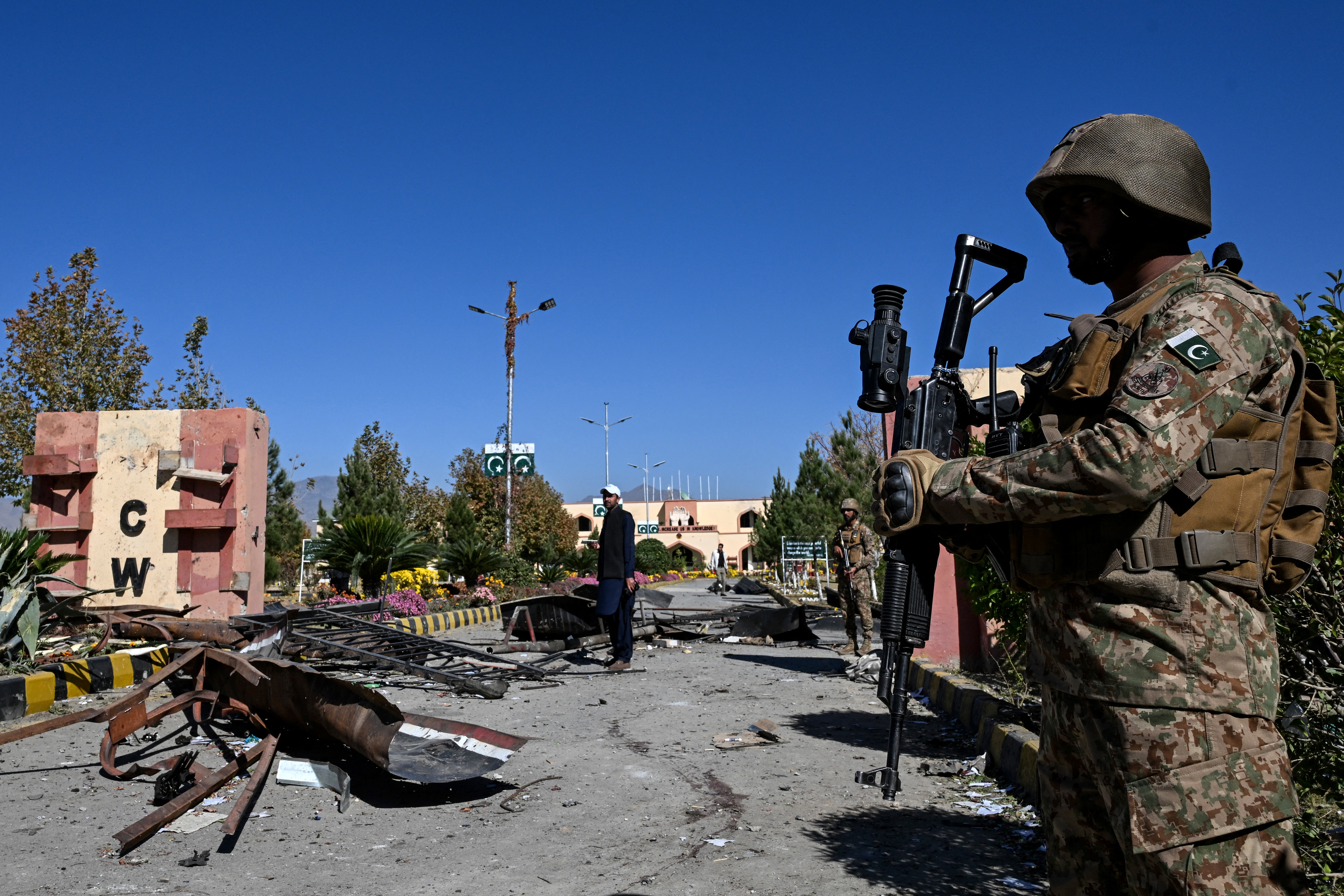 A Pakistani soldier stands guard after an attack on the Cadet College Wana in Pakistan's South Waziristan district near the Afghanistan border, on November 13, 2025 [File: Aamir Qureshi/AFP]