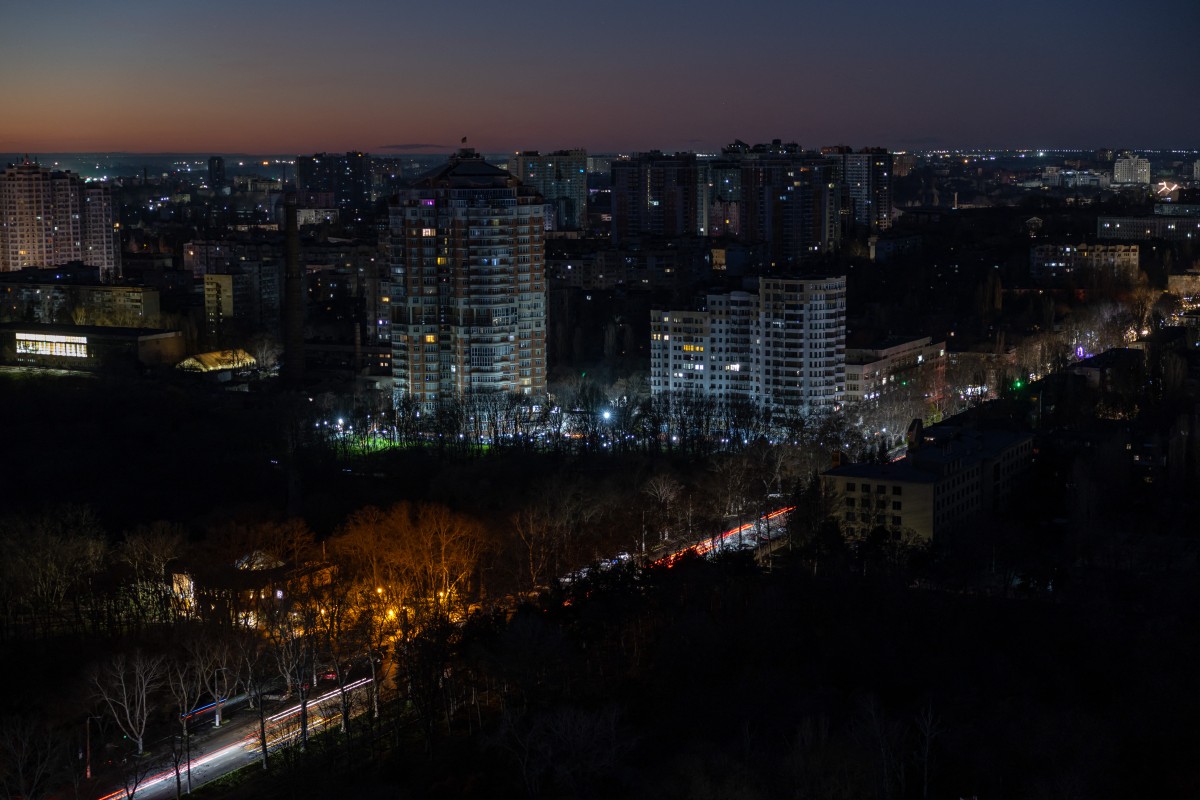 This photograph shows a general view of the southern city of Odesa, where some neighborhoods are without power on December 13, 2025, following missile and drone attacks on Ukrainian energy infrastructure, amid Russia’s invasion of Ukraine. (Photo by Oleksandr GIMANOV / AFP)