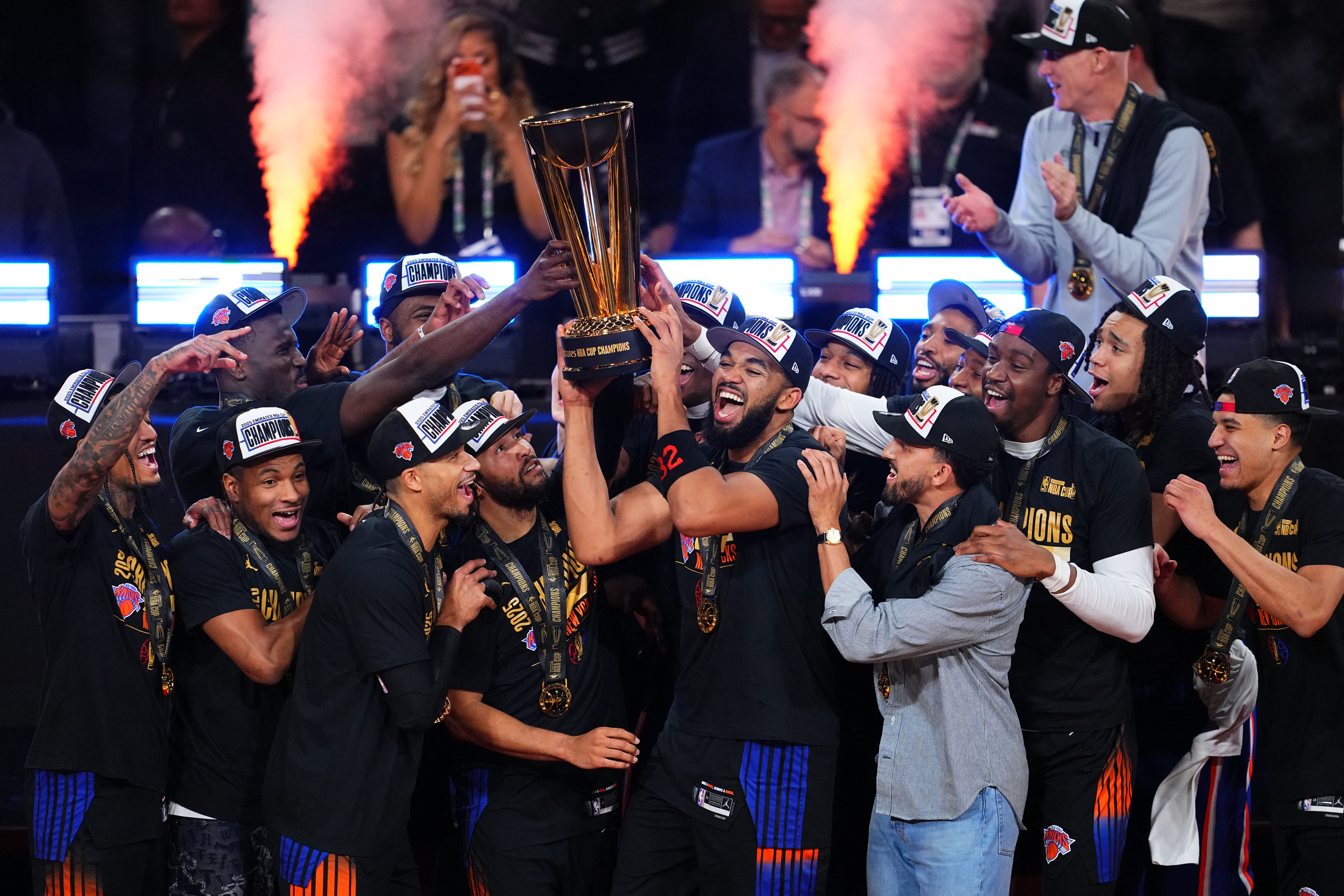 New York Knicks players celebrate.