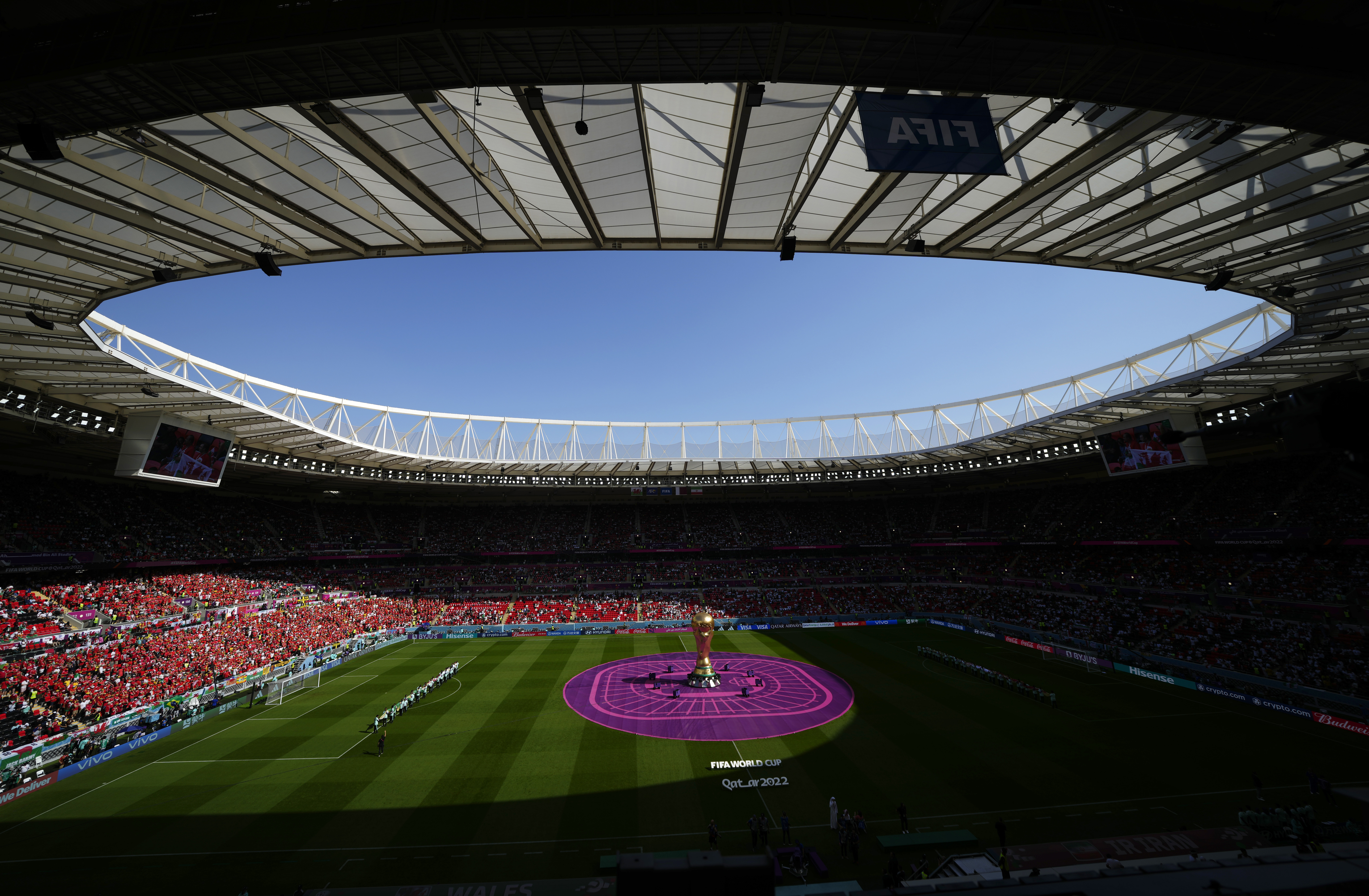 A general view ahead of the World Cup group B soccer match between Wales and Iran, at the Ahmad Bin Ali Stadium in Al Rayyan , Qatar, Friday, Nov. 25, 2022. (AP Photo/Manu Fernandez)