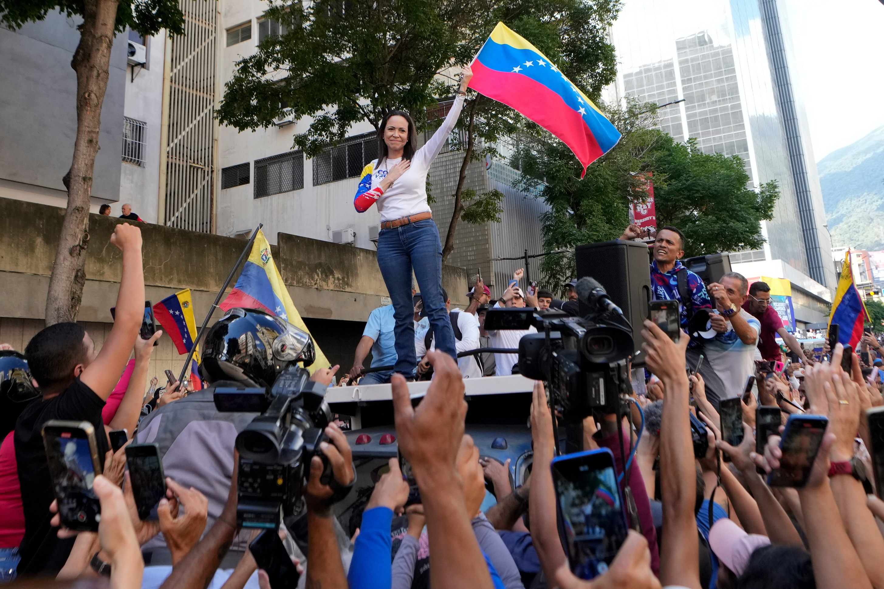 Venezuelan opposition leader Maria Corina Machado addresses supporters during a protest against President Nicolas Maduro the day before his inauguration for a third term in Caracas, Venezuela on January 9, 2025.