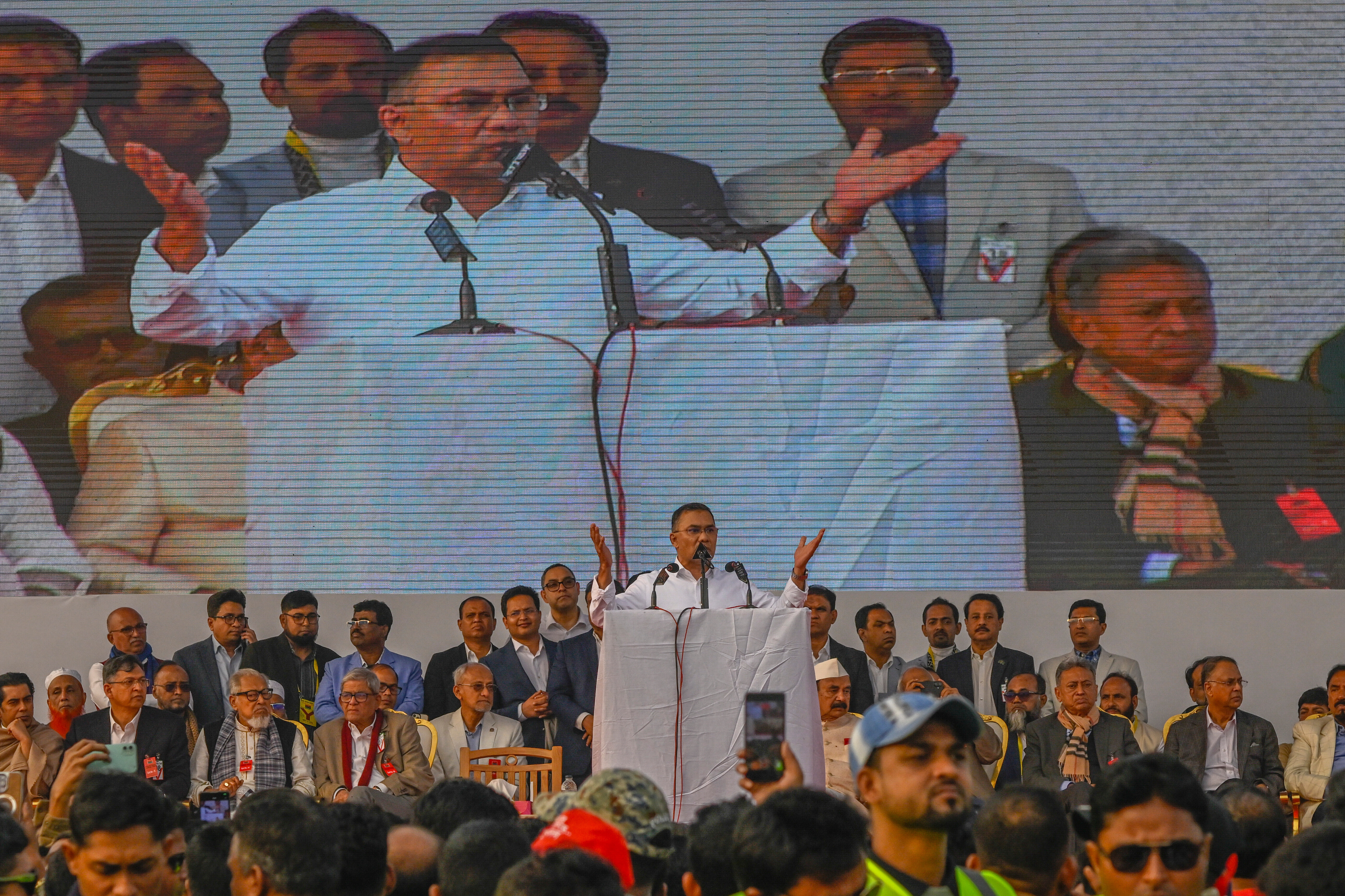 Bangladesh Nationalist Party (BNP) Acting Chairman Tarique Rahman delivers a speech to supporters after his arrival in Dhaka, ending more than 17 years of self-imposed exile in London, Thursday. Dec. 25, 2025.(AP Photo/ Mahmud Hossain Opu)