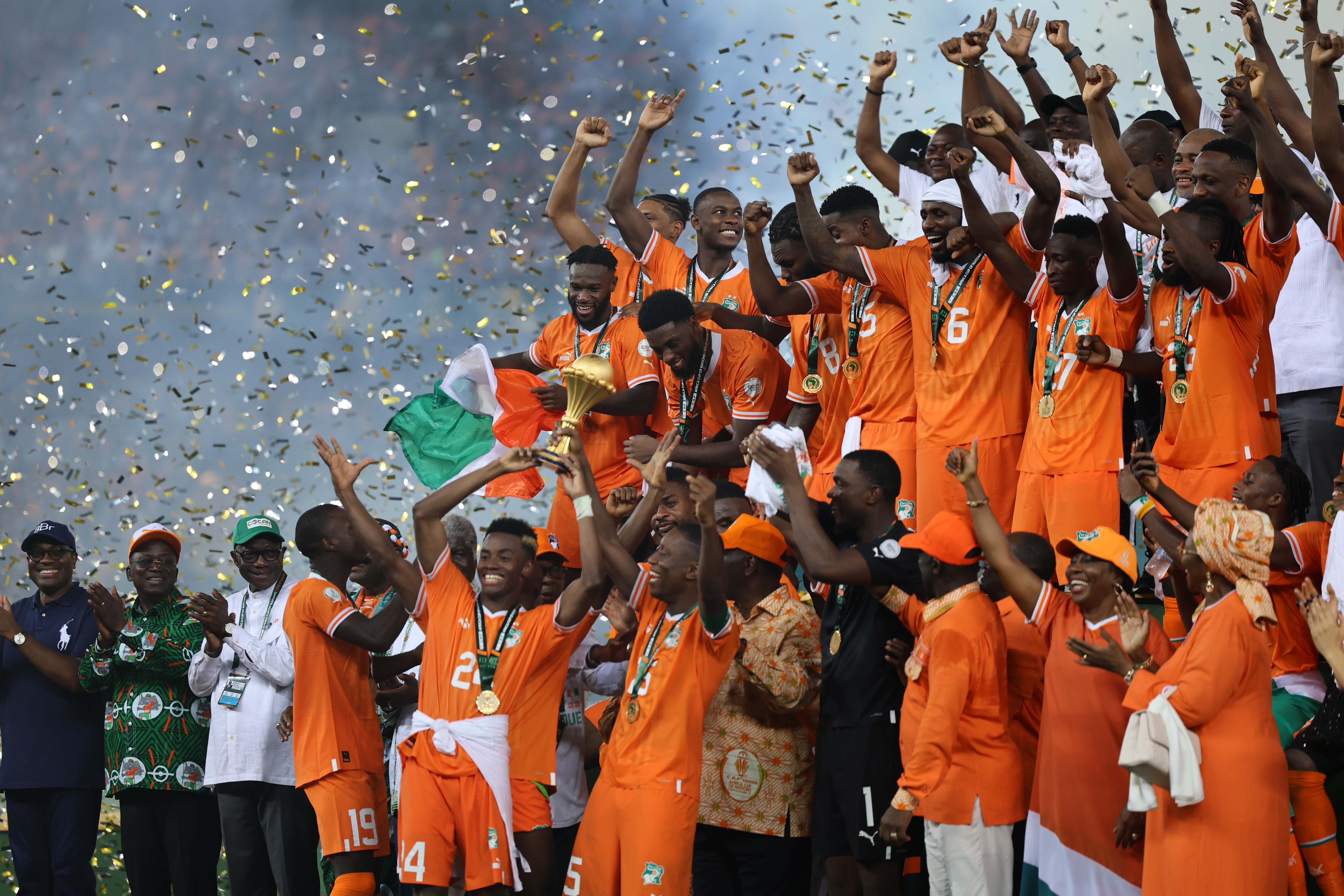 Ivory Coast players react.