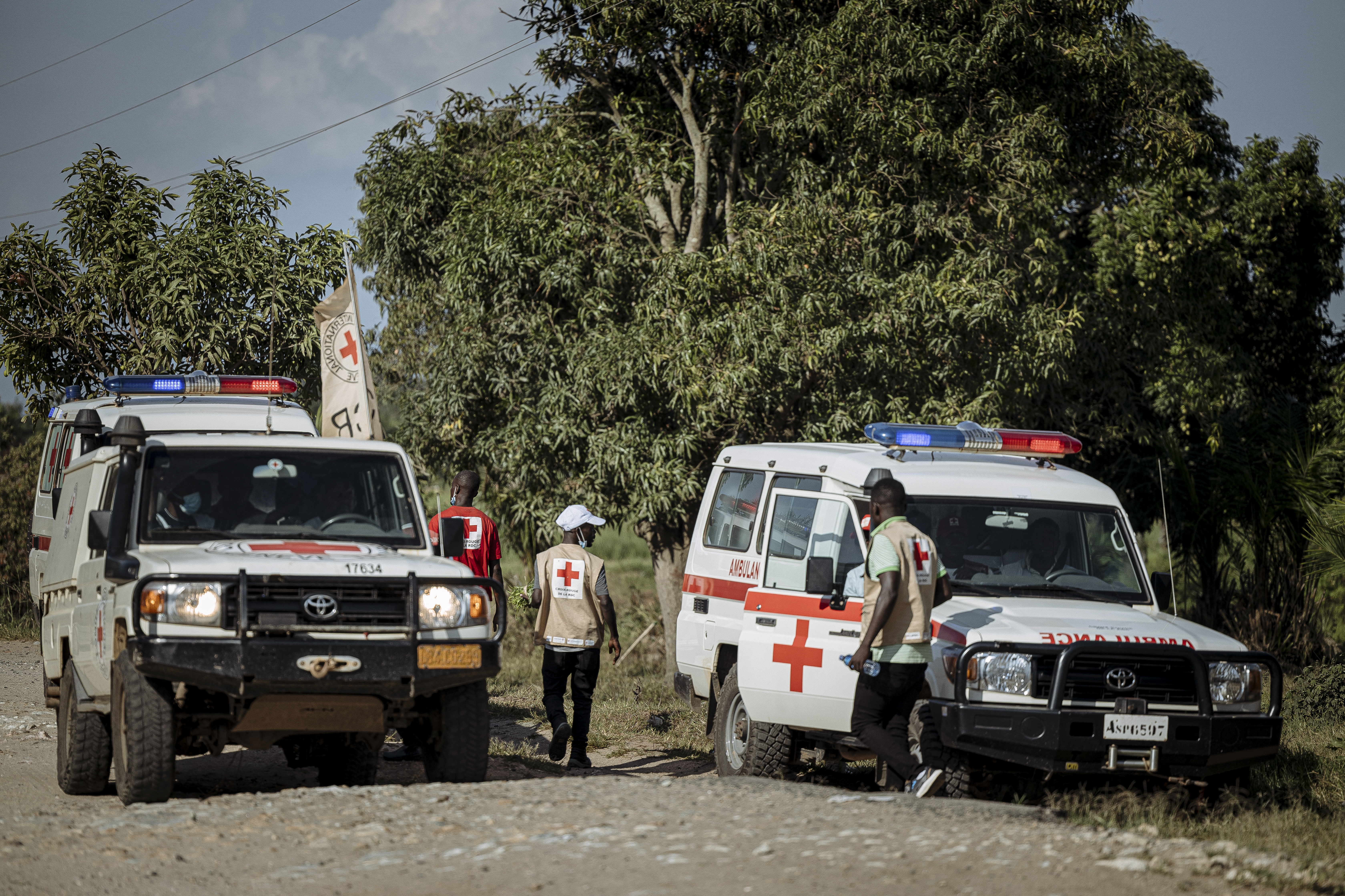 Members of the Democratic Republic of Congo (DRC) Red Cross operate at the entrance of the town of Uvira on December 13, 2025.