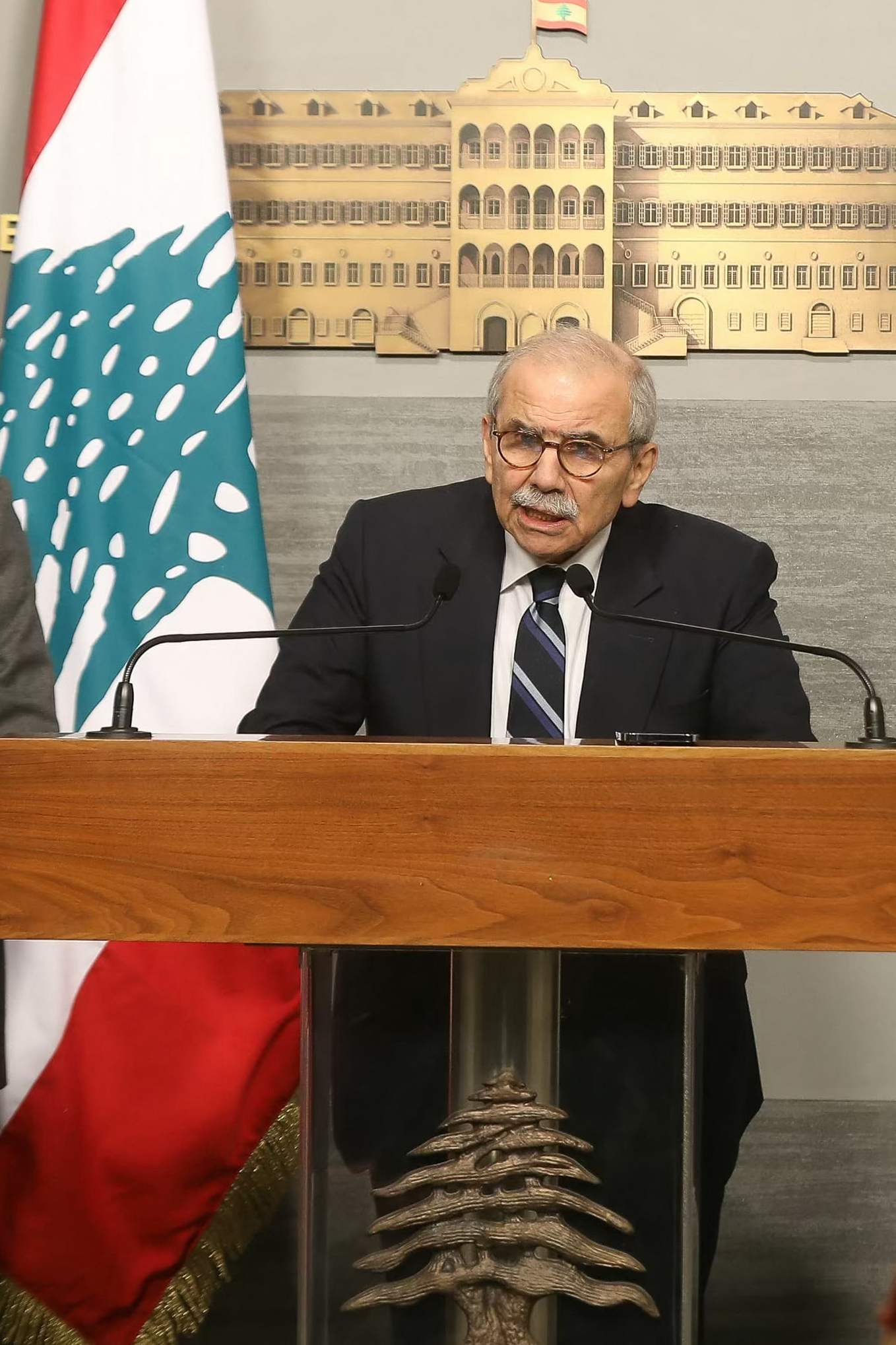 Lebanon's Prime Minister Nawaf Salam speaking during a news conference.