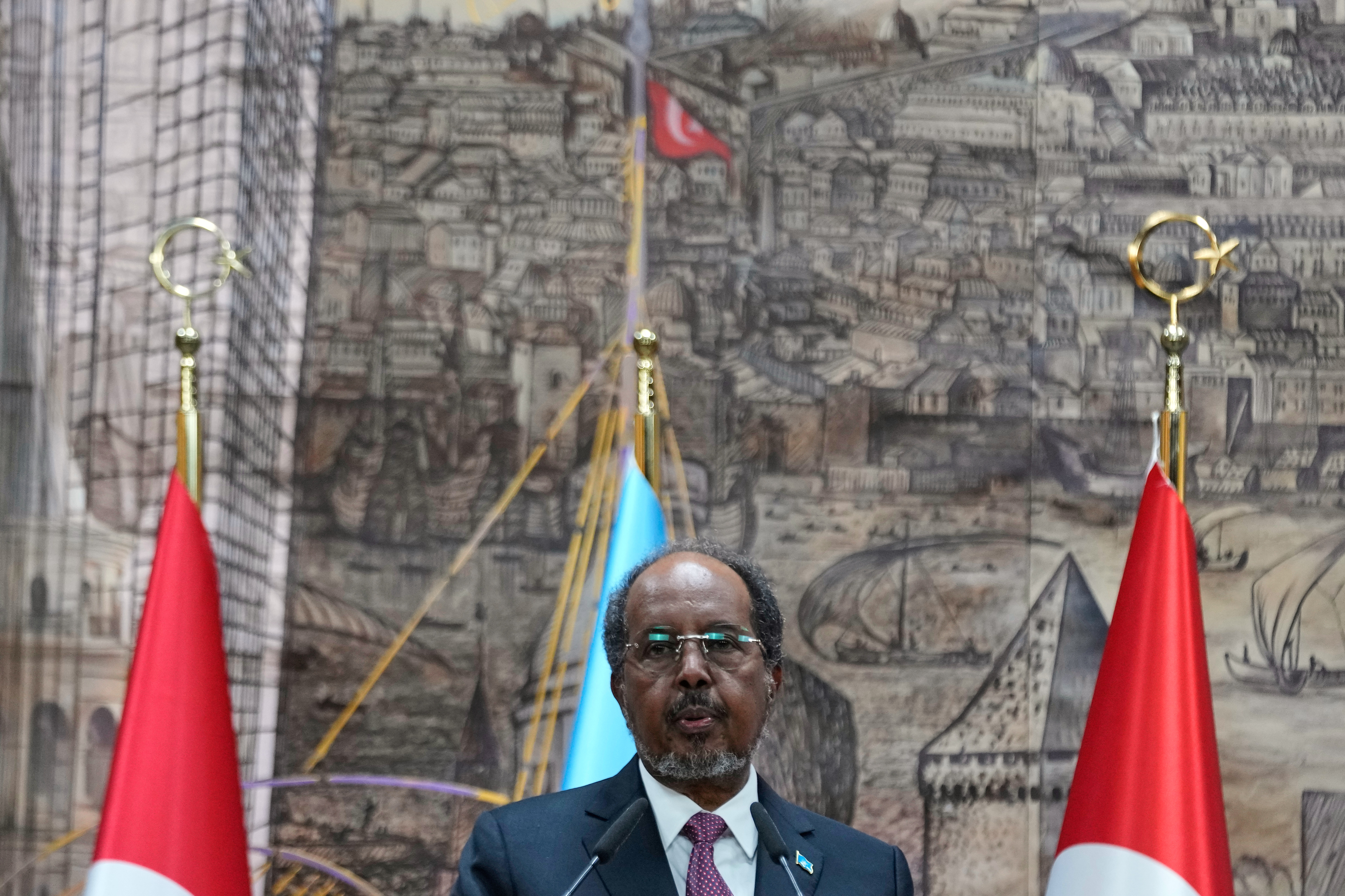 Somalia's President Hassan Sheikh Mohamud, speaks during a joint news conference with Turkey's President Recep Tayyip Erdogan in Istanbul, Turkey, Tuesday, Dec. 30, 2025. (AP Photo/Khalil Hamra)