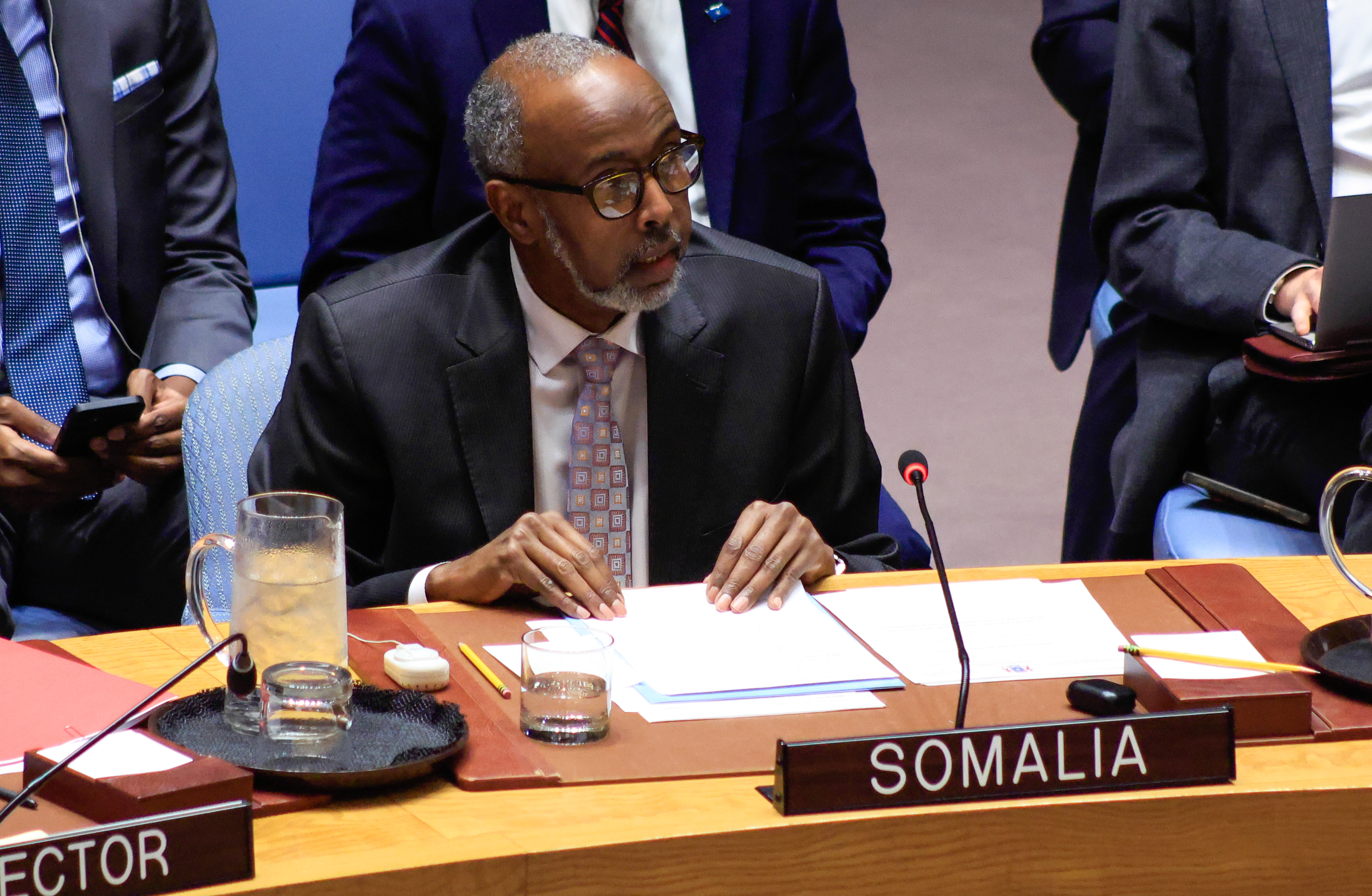 epa12617400 Abukar Dahir Osman, Somalia's representative to the United Nations, speaks during a UN Security Council meeting at UN headquarters in New York, USA, 29 December 2025. The Council convened an emergency session after Israel recognized Somaliland, a decision several members criticized. EPA/KENA BETANCUR