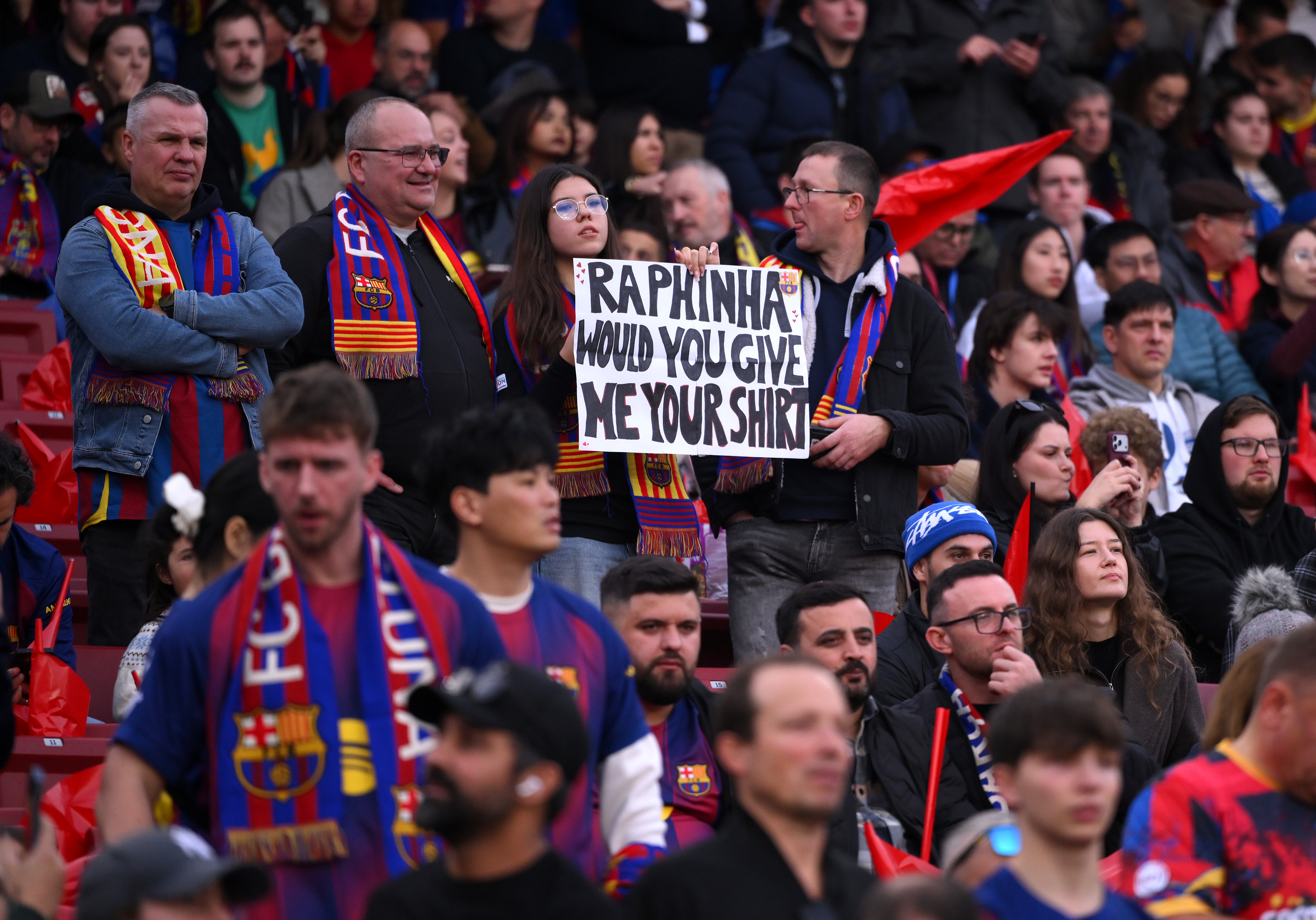 BARCELONA, SPAIN - NOVEMBER 29: FC Barcelona fans show their support prior to the LaLiga EA Sports match between FC Barcelona and Deportivo Alaves at Spotify Camp Nou on November 29, 2025 in Barcelona, Spain. (Photo by David Ramos/Getty Images)