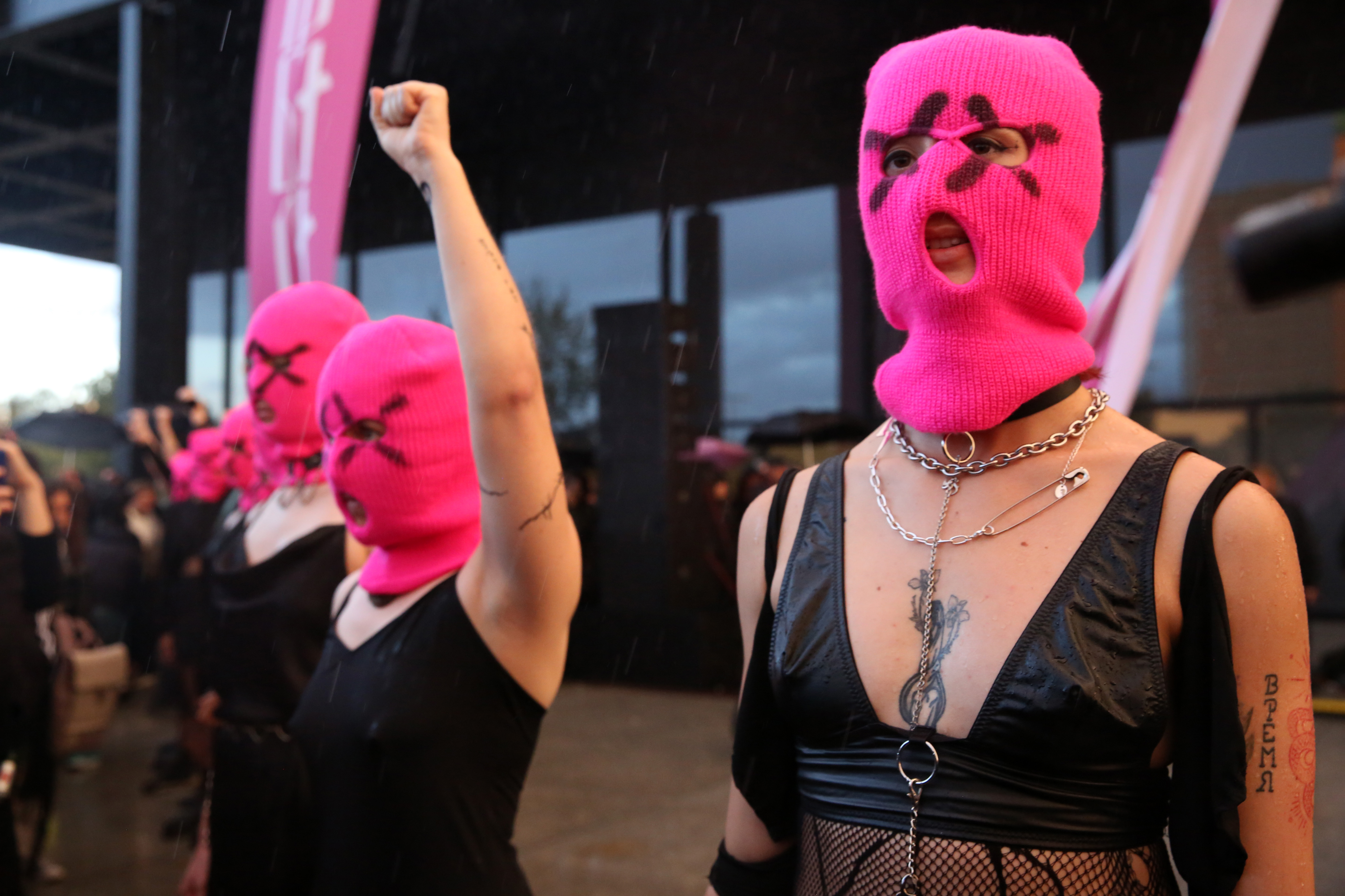 BERLIN, GERMANY - JULY 04: Members of the Pussy Riot Siberia collective dance during the performance "RAGE" and an accompanying sculptural stage set in front of the Neue Nationalgalerie on July 04, 2024 in Berlin, Germany. (Photo by Adam Berry/Getty Images)
