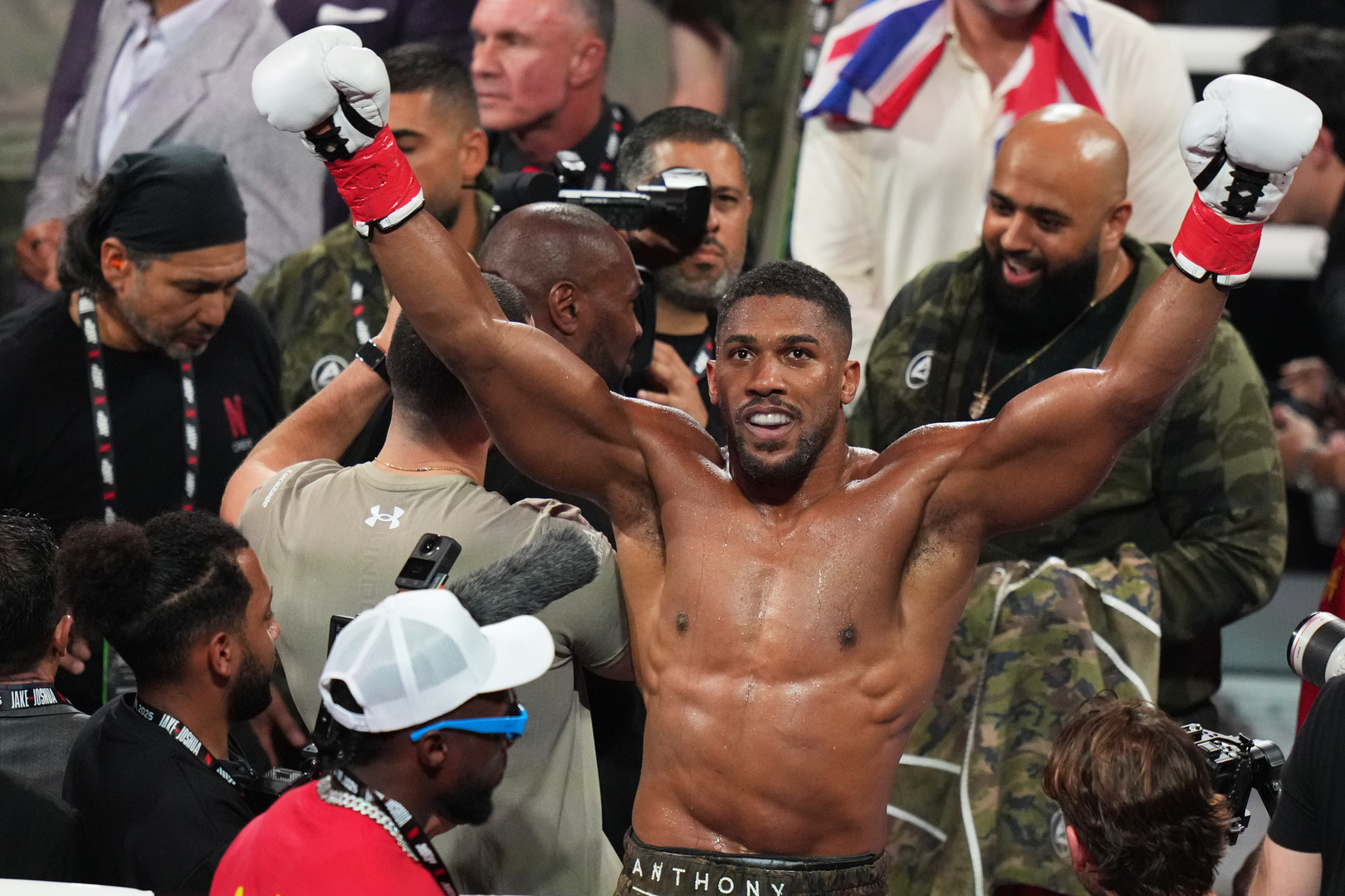 Anthony Joshua reacts after defeating Jake Paul in their heavyweight boxing match on Dec. 19, 2025, in Miami, Florida, US. [Lynne Sladky/AP]