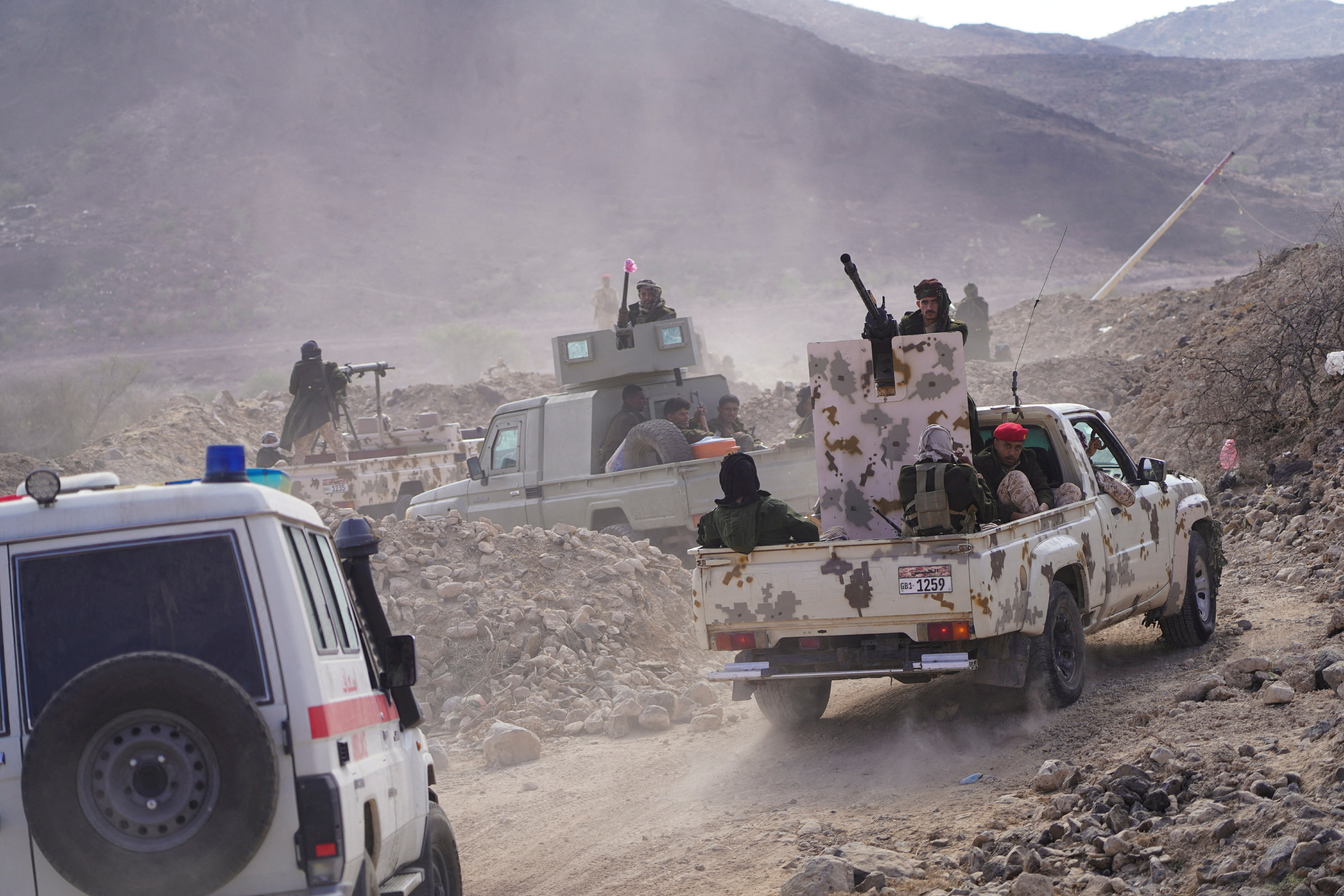 Armed forces arrive in a mountainous area in Yemen.