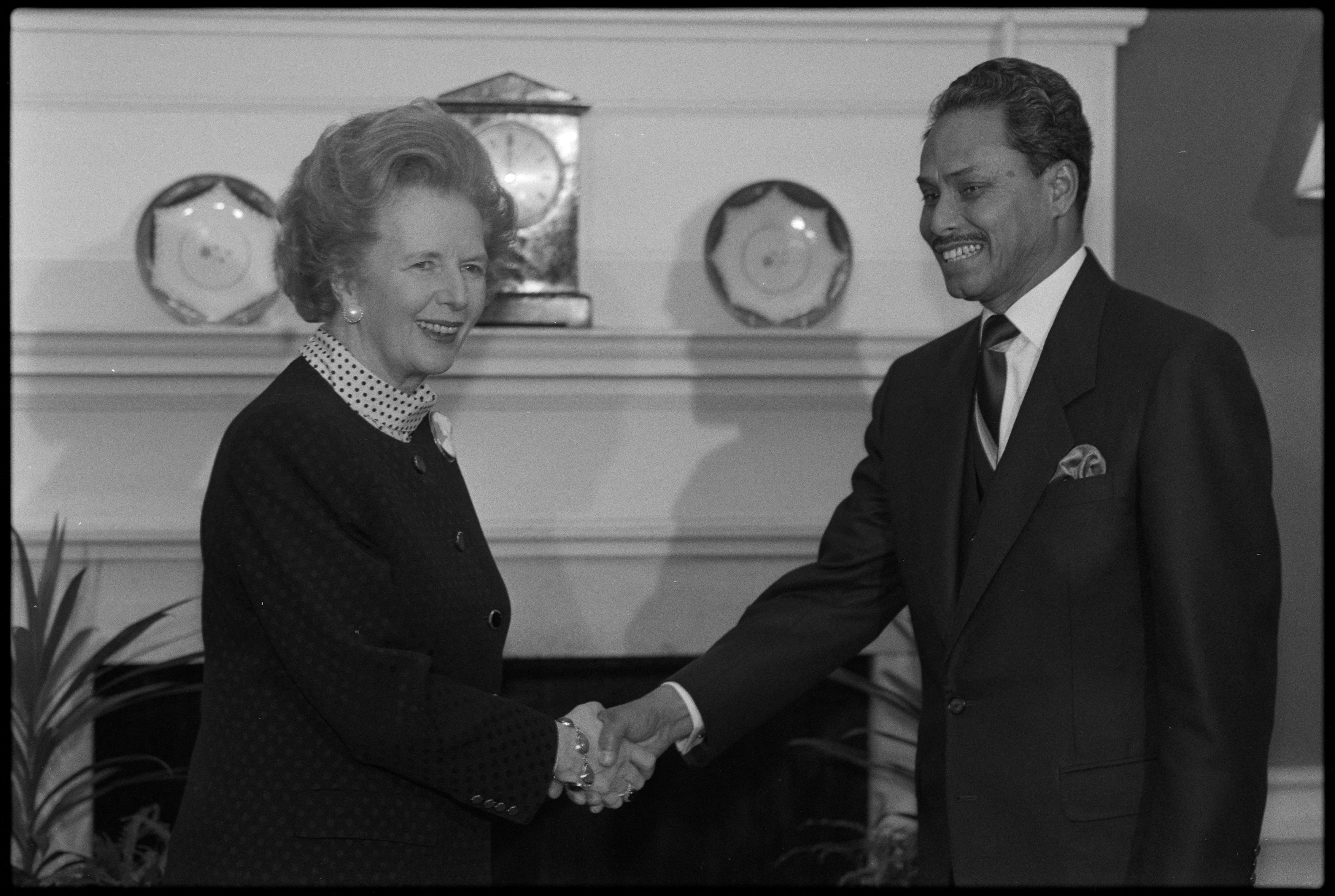 President Hussain Muhammad Ershad of Bangladesh meeting British PM Thatcher at Downing St. London. February 16, 1989 REUTERS/Wendy Schwegmann 89298049 BANGLADESH ENGLAND HANDSHAKE LONDON PRESIDENTIAL PRIME MINISTER SMILING WAIST UP; Thatcher, Margaret; Ershad, Hussain Hussain Muhammad Ershad Margaret Thatcher DISCLAIMER: The image is presented in its original, uncropped, and untoned state. Due to the age and historical nature of the image, we recommend verifying all associated metadata, which was transferred from the index stored by the Bettmann Archives, and may be truncated.
