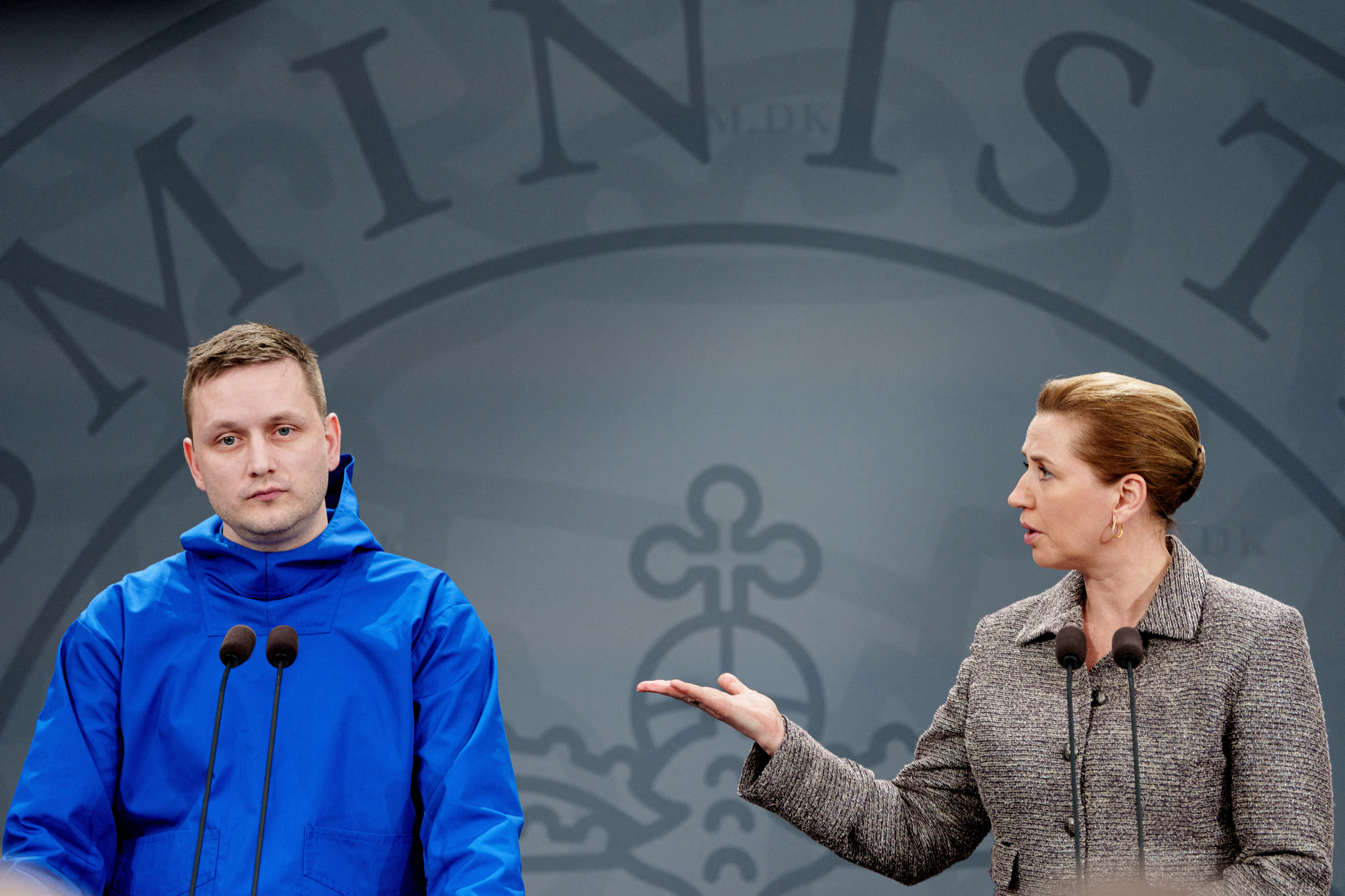 Greenland's Prime Minister Jens-Frederik Nielsen and Denmark's Prime Minister Mette Frederiksen give a statement on the current situation at a press conference in the Hall of Mirrors at the Prime Minister's Office in Copenhagen