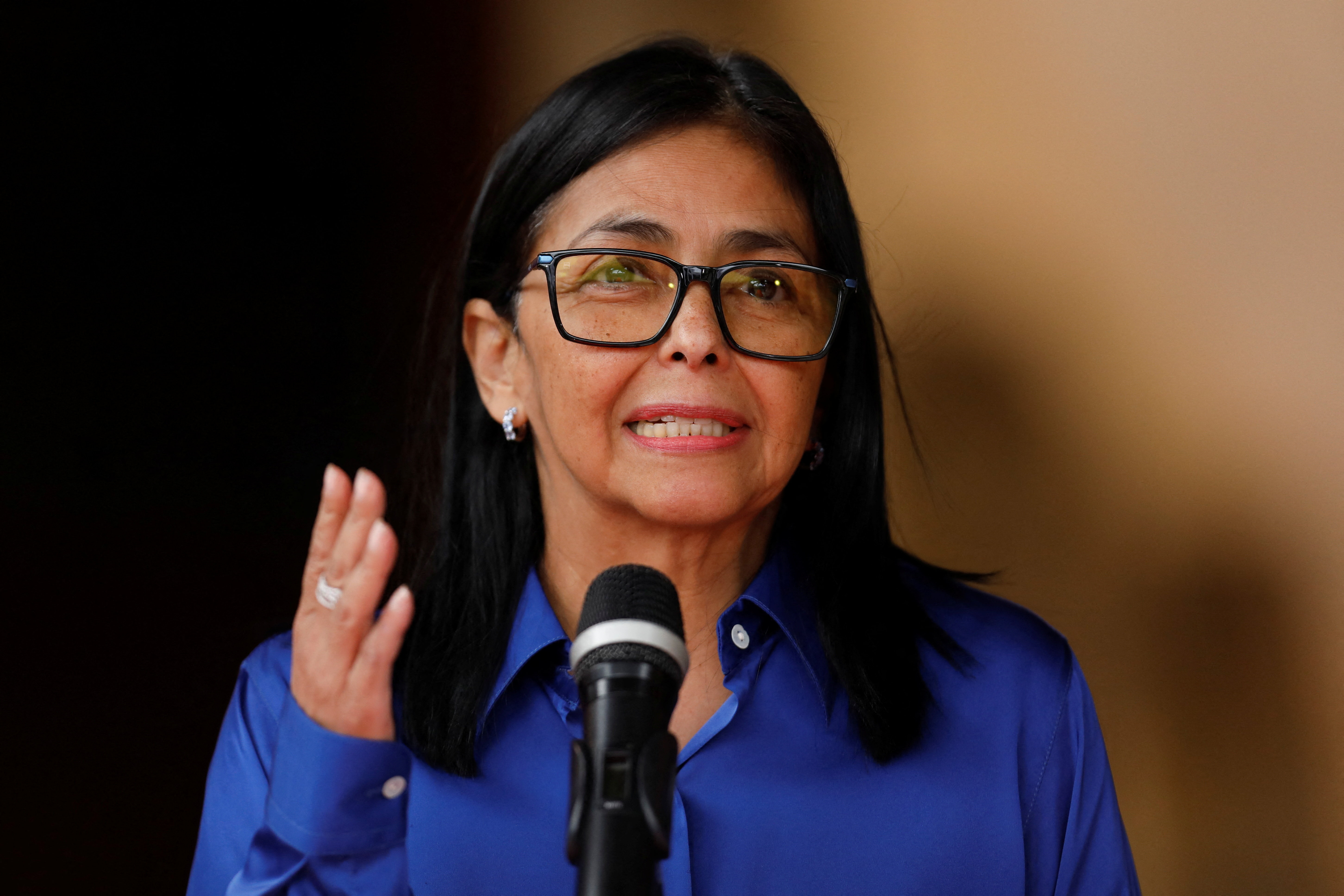 Venezuela's interim president Delcy Rodriguez speaks during a press conference, more than a week after the U.S. launched a strike on the country and captured President Nicolas Maduro and his wife Cilia Flores, at Miraflores Palace in Caracas, Venezuela, January 14, 2026. REUTERS/Leonardo Fernandez Viloria