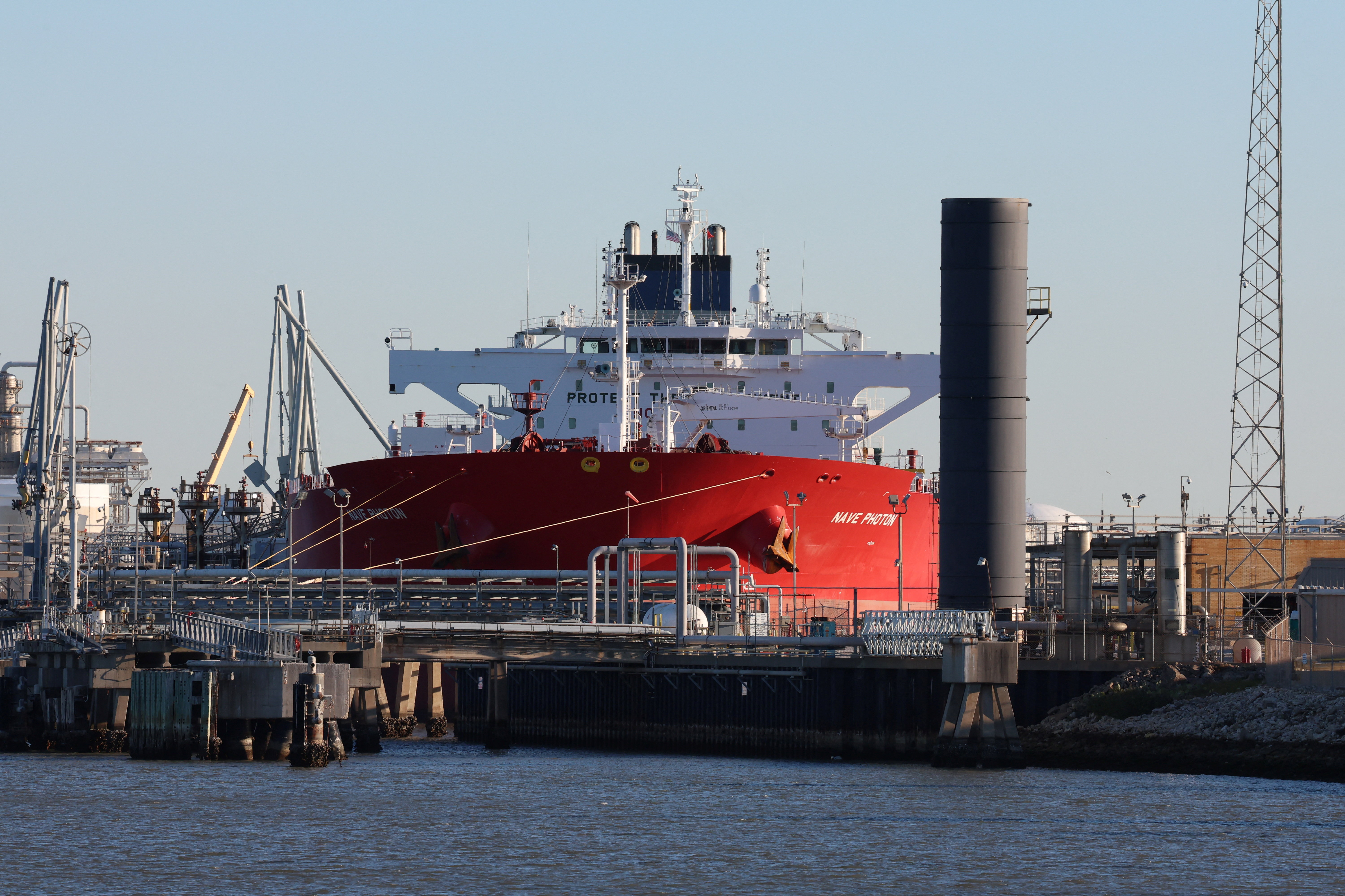 The Nave Photon, carrying crude oil from Venezuela, is docked at Port Freeport in Freeport, Texas, U.S.