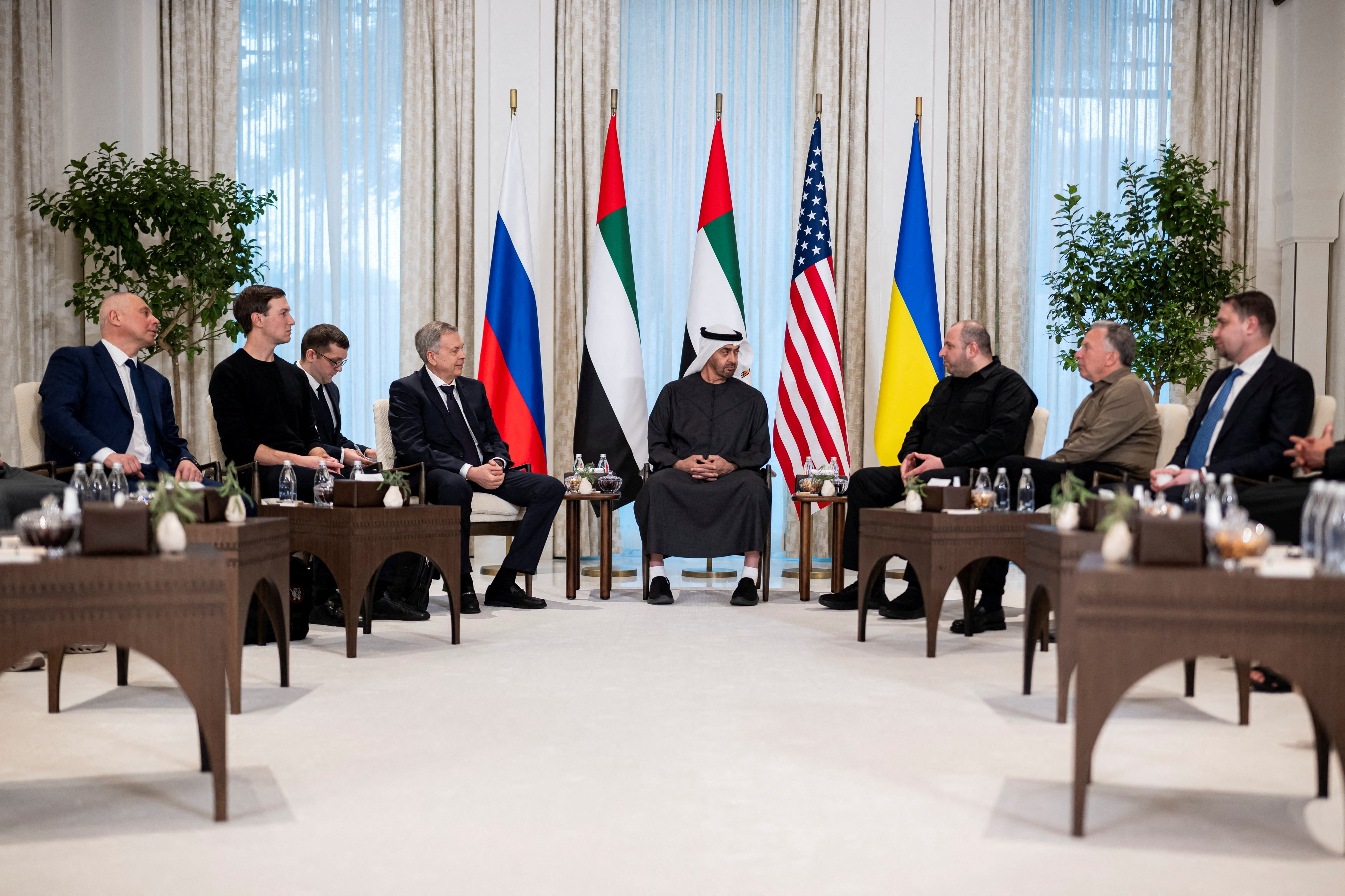 President of the United Arab Emirates Sheikh Mohamed bin Zayed Al Nahyan receives the heads of delegations participating in the UAE hosted trilateral talks between the United States, Russia and Ukraine, Director of the Office of the President of Ukraine Kirill Budanov, United States Special Envoy Steve Witkoff, Secretary of the National Security and Defense Council of Ukraine Rustem Umerov, Chief of the Main Directorate of the General Staff of the Russian Armed Forces Igor Kostyukov, and Jared Kushner at Al Shati Palace in Abu Dhabi, United Arab Emirates, January 23, 2026. Hamad Al Kaabi/UAE Presidential Court/Handout via REUTERS THIS IMAGE HAS BEEN SUPPLIED BY A THIRD PARTY TPX IMAGES OF THE DAY