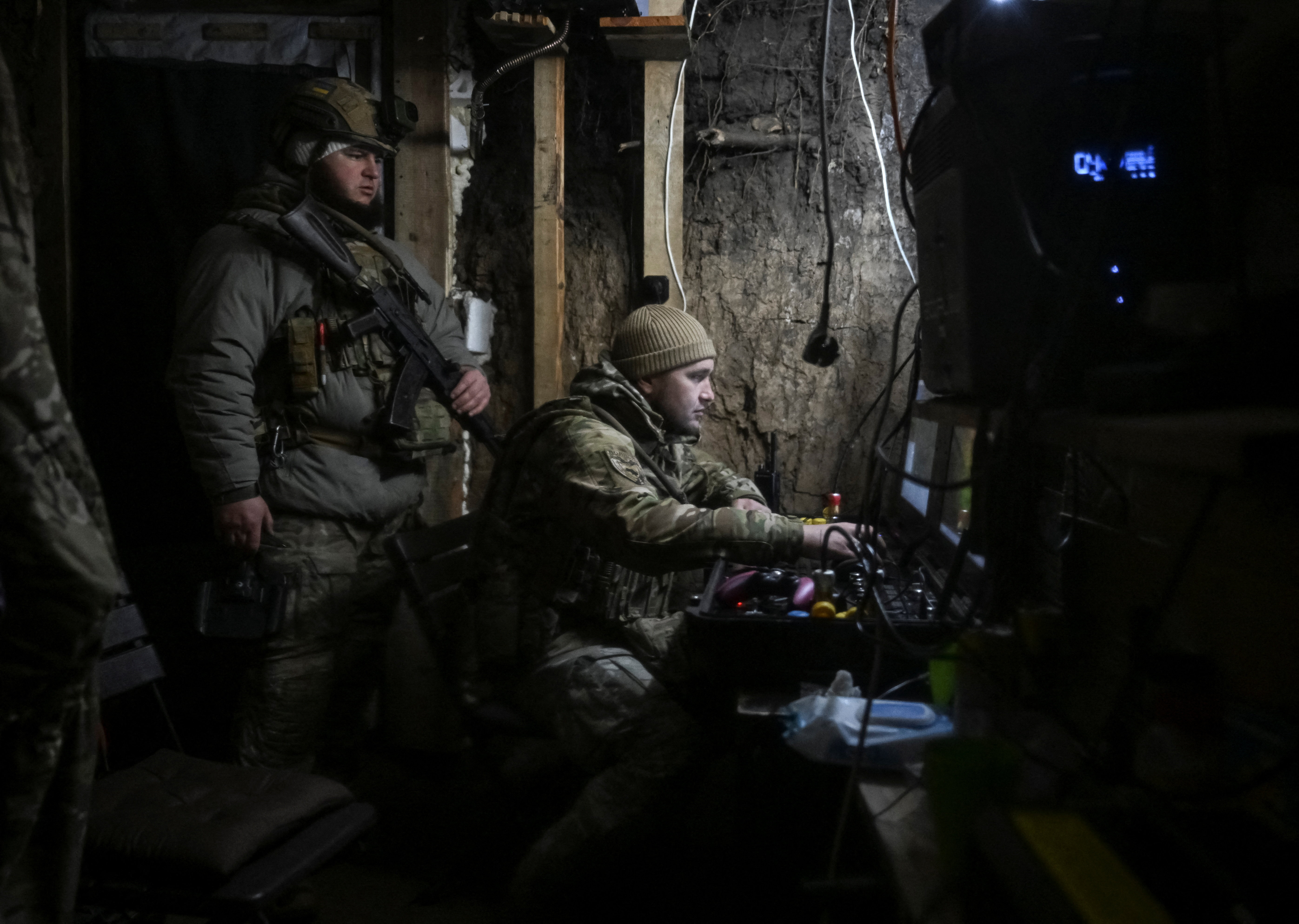 A member of the National Police Special Purpose Battalion of Zaporizhzhia region controls a Gara combat drone