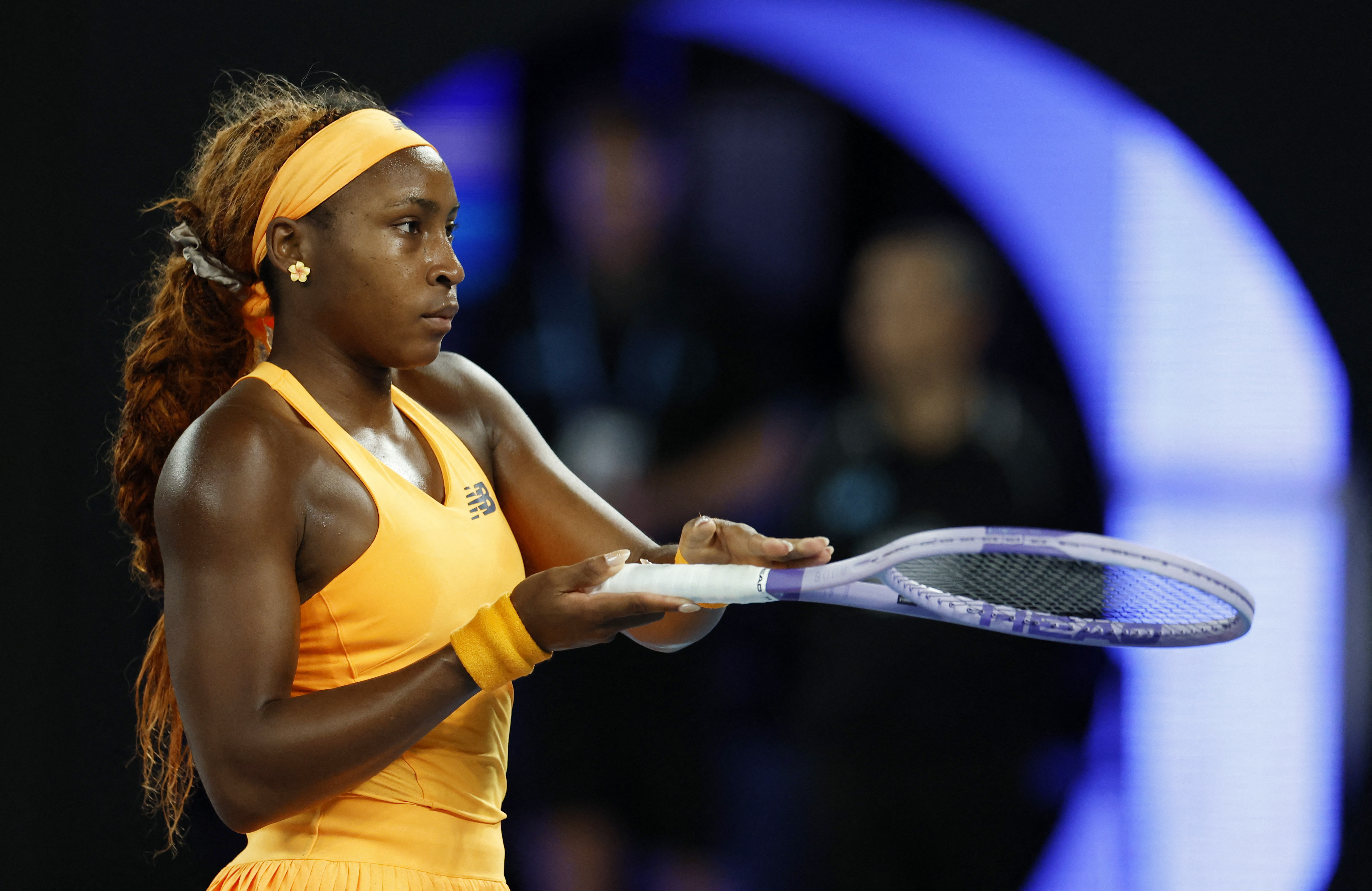 Coco Gauff of the US reacts during her quarter final match against Ukraine's Elina Svitolina