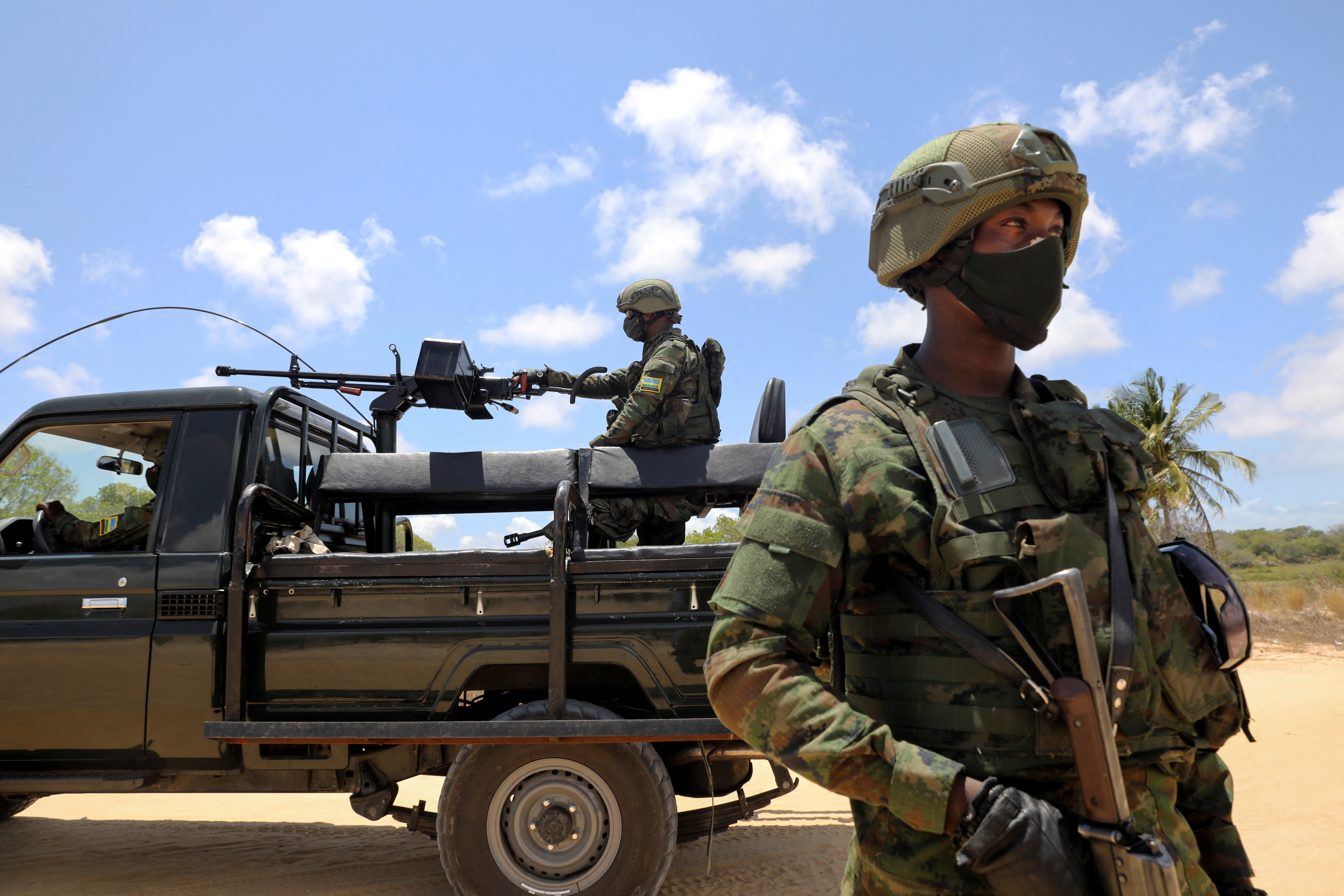 Soldiers from the Rwandan security forces are seen near the Afungi natural gas site, Mozambique