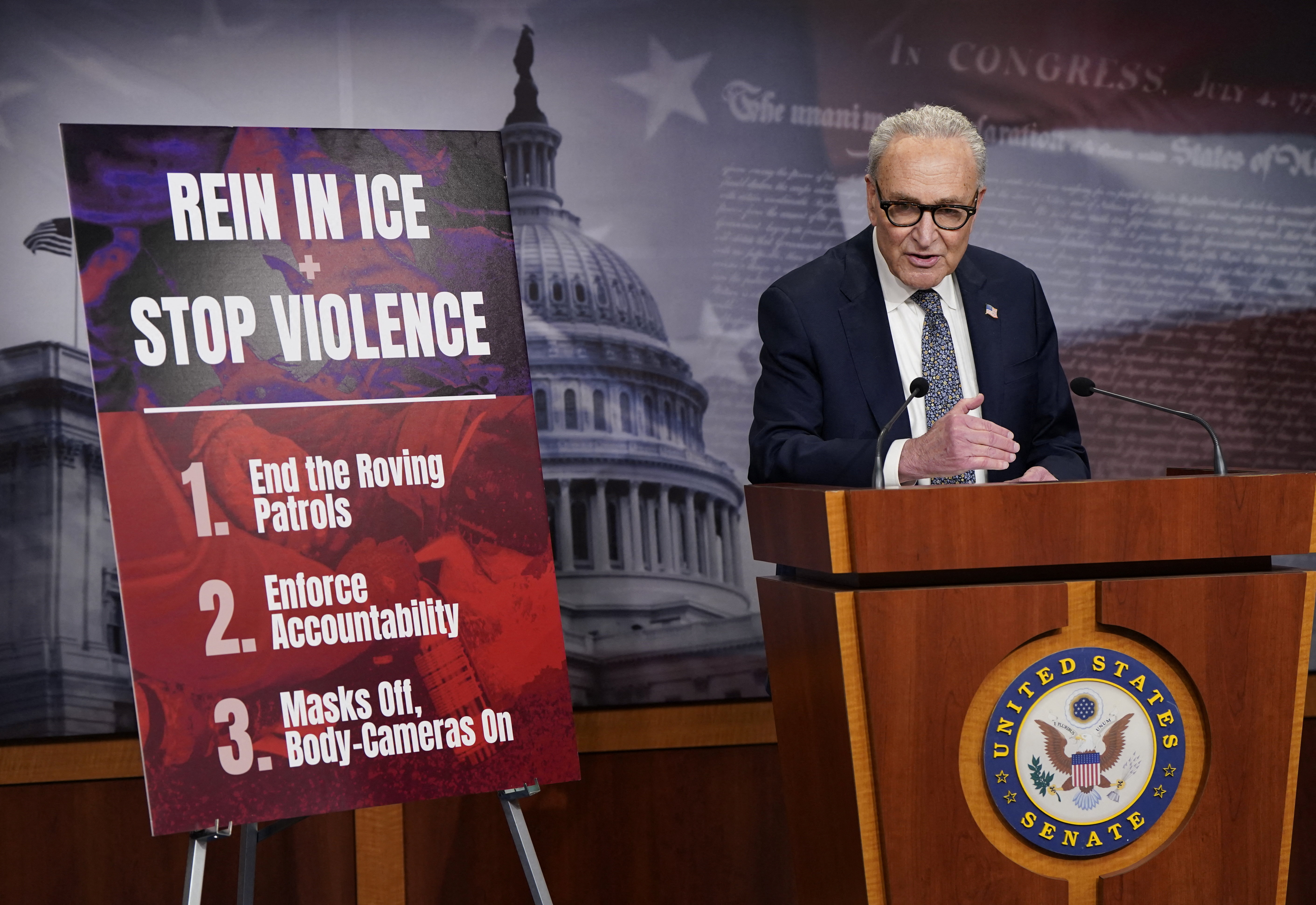 Senate Democratic Leader Chuck Schumer (D-NY) speaks during a press conference following Senate votes regarding a dispute over immigration enforcement ahead of a looming partial government shutdown, on Capitol Hill in Washington, D.C., U.S., January 30, 2026. REUTERS/Elizabeth Frantz