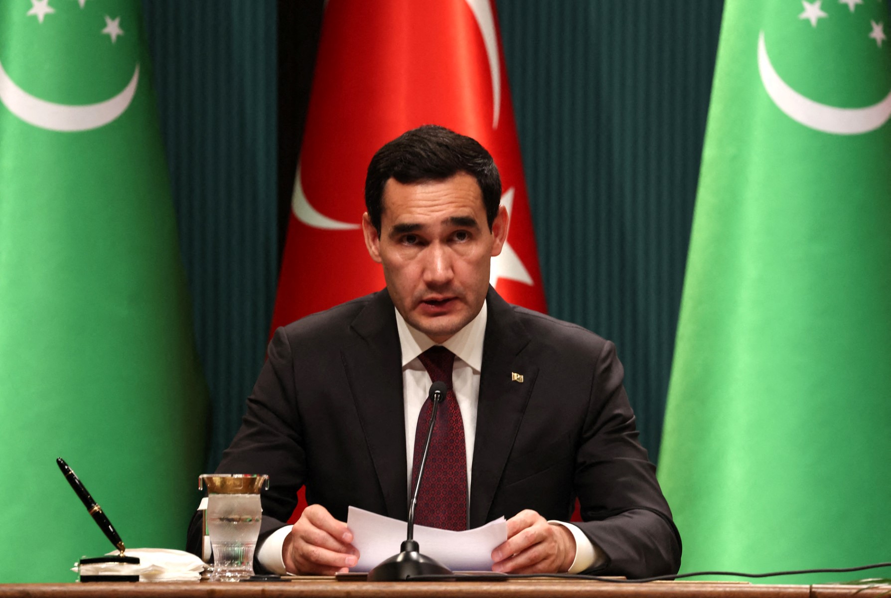 Turkmenistan's President Serdar Berdimuhamedov speaks during a joint press conference with Turkey's President after their meeting at the Presidential Complex in Ankara on October 26, 2023. (Photo by Adem ALTAN / AFP)