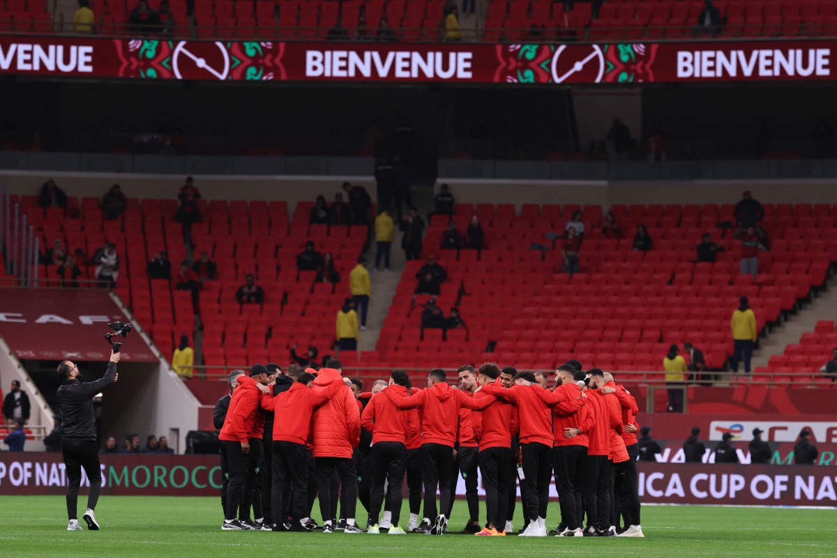 Morocco's players arrive for the Africa Cup of Nations (CAN) semi-final football match between Nigeria and Morocco