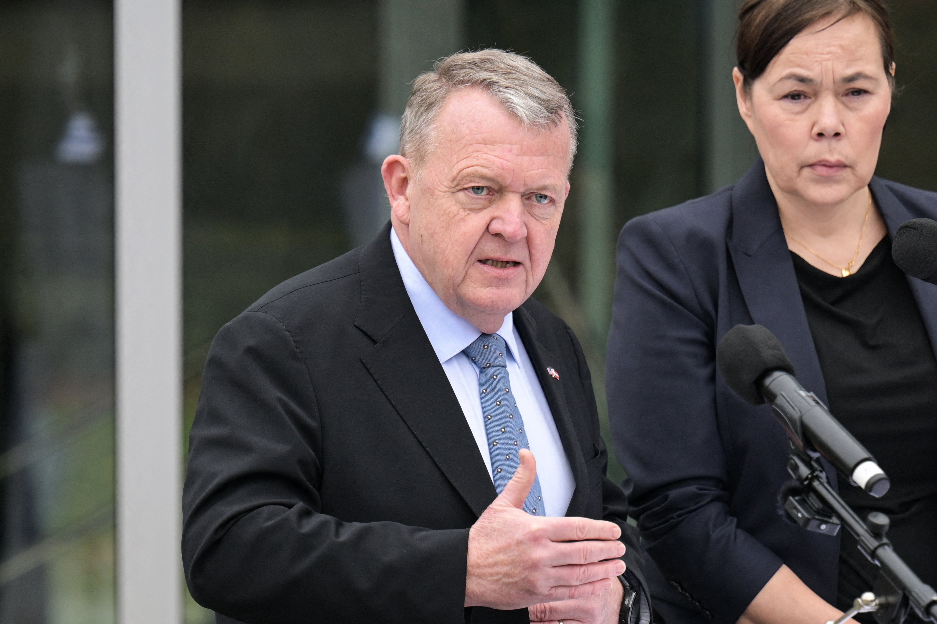 Danish Foreign Minister Lars Løkke Rasmussen and Greenland's Foreign Minister Vivian Motzfeldt speak during a news conference at the Danish Embassy in Washington, DC, on January 14, 2026. [Oliver Contreras/AFP]