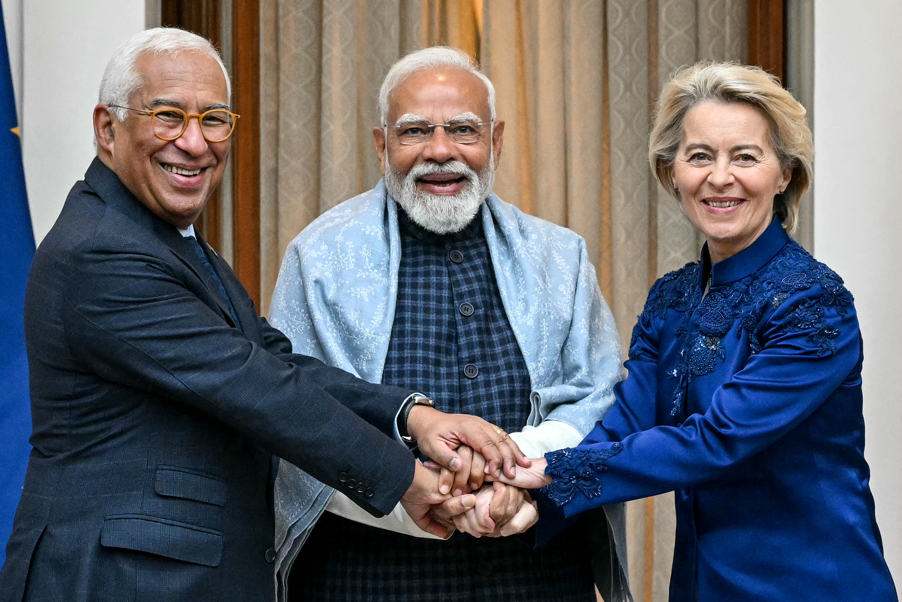 European Council President Antonio Costa, Indian Prime Minister Narendra Modi and European Commission President Ursula von der Leyen before their meeting in New Delhi