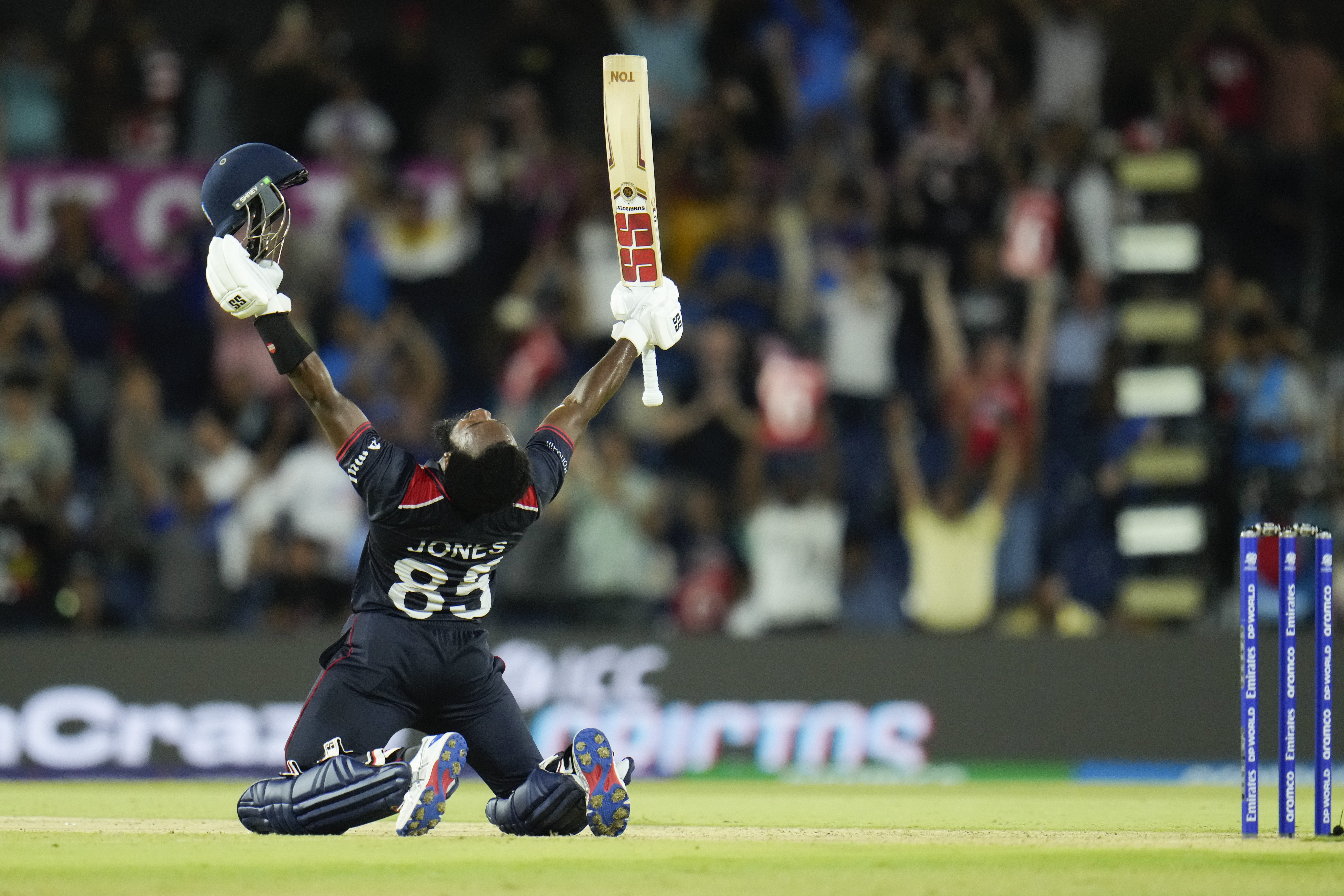 United States' Aaron Jones reacts after hitting the winning runs during the men's T20 World Cup cricket match between the United States and Canada