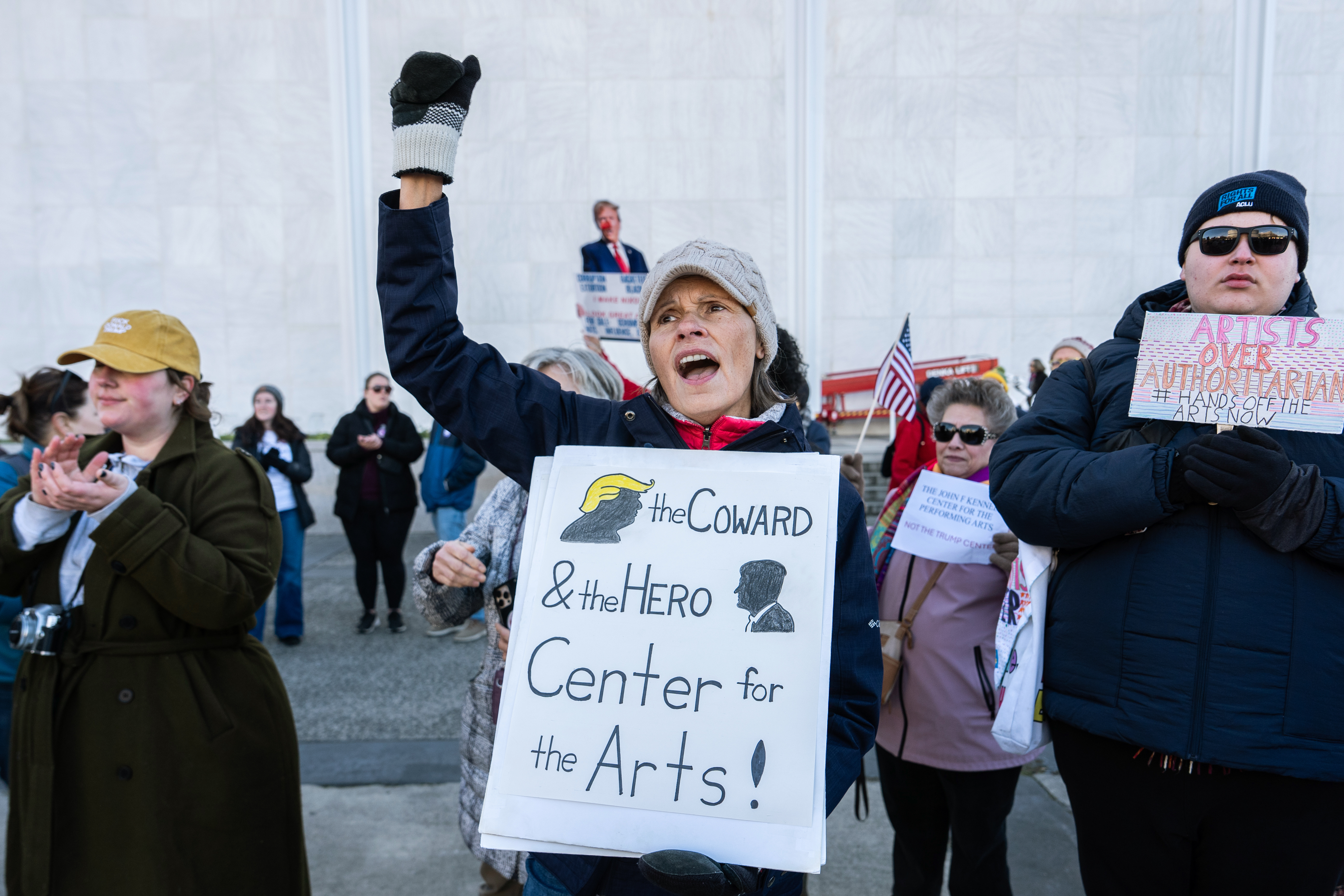 A protester denounces Trump's takeover of the Kennedy Center