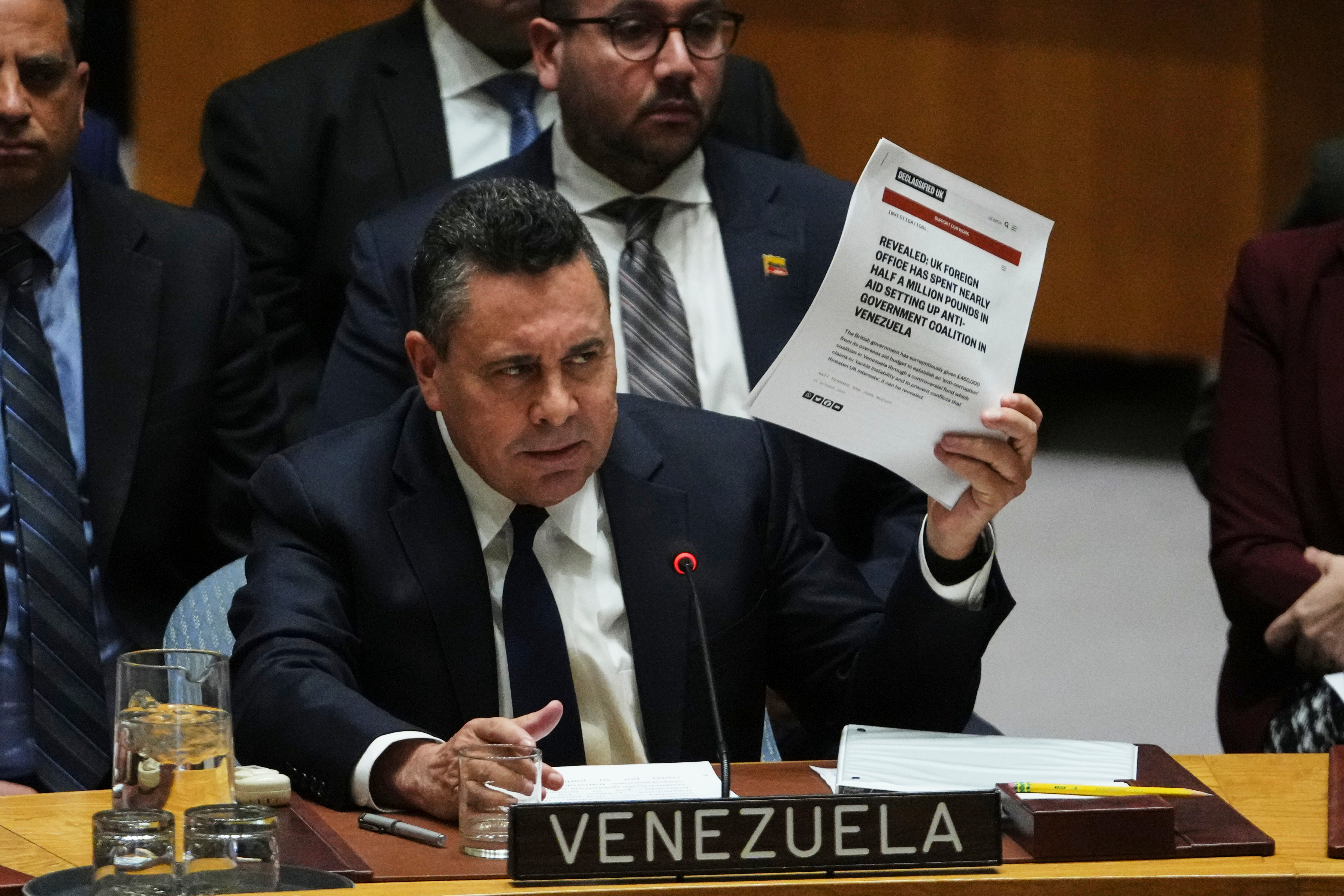 Venezuela's U.N. Ambassador Samuel Moncada speaks during a meeting of the Security Council Monday, Jan. 5, 2026 at U.N. headquarters. (AP Photo/Frank Franklin II)